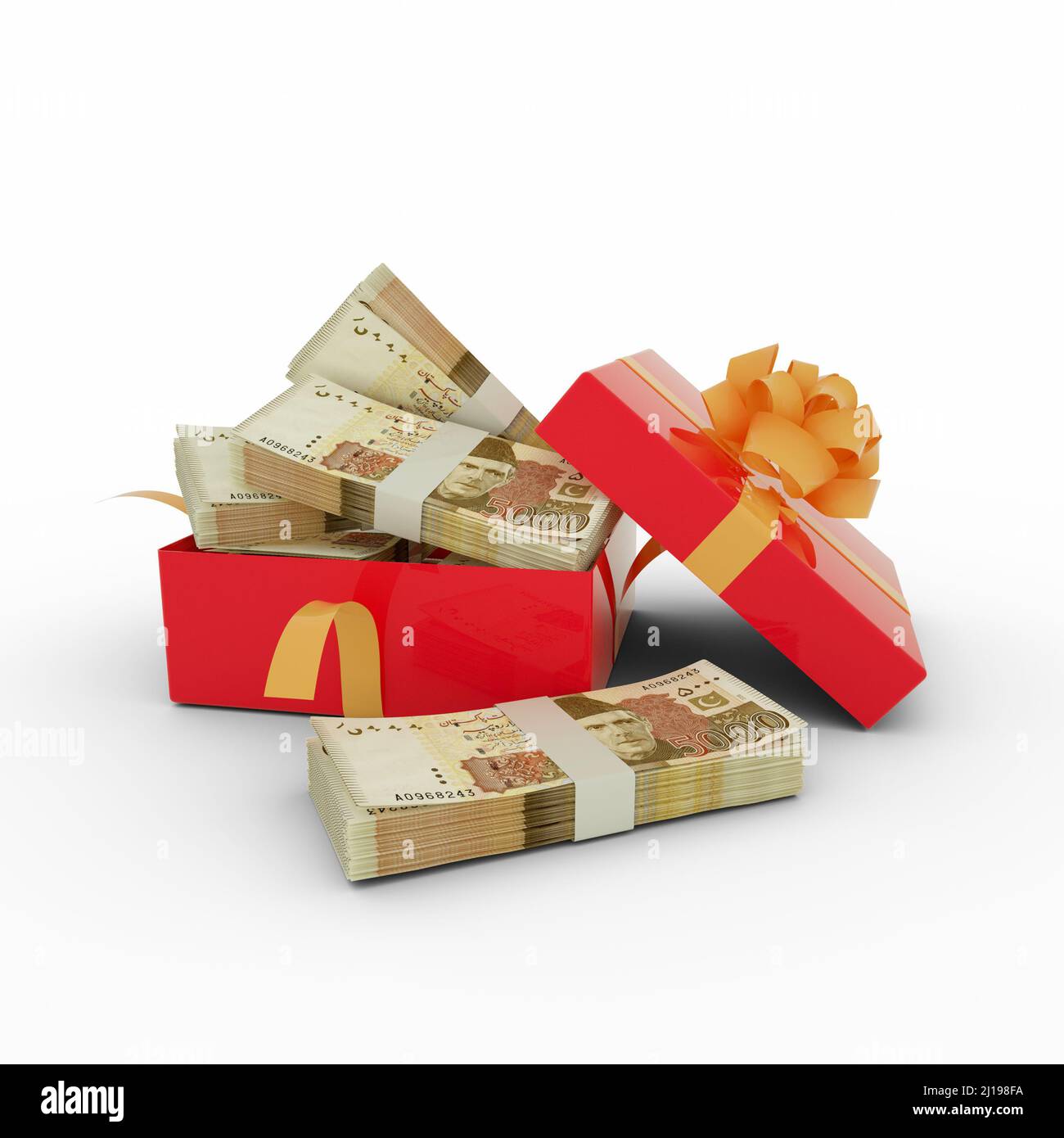 Stapel pakistanischer Rupie-Notizen in einer offenen roten Geschenkbox. Pakete pakistanischer Rupien in einer Geschenkbox. 3D Geldrendering in Box isoliert o Stockfoto