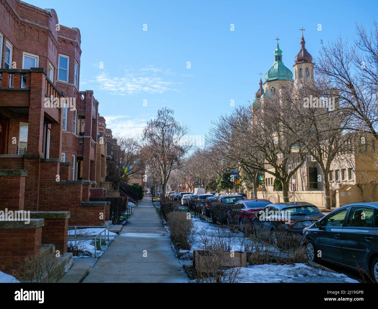 Reis Street & St. Nichola Ukrainische Katholische Kathedrale. Ukrainian Village Nachbarschaft, Chicago, Illinois. Stockfoto