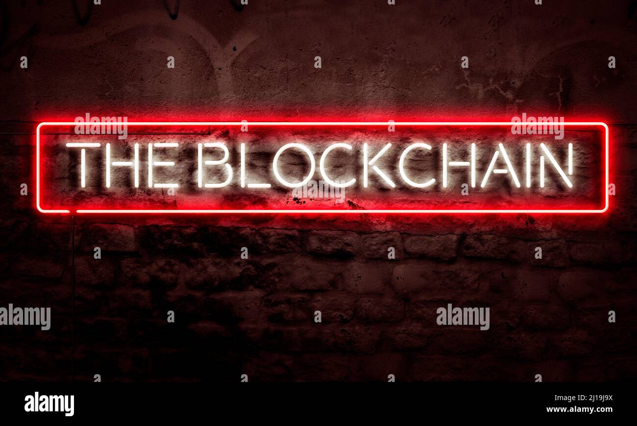 Das Blockchain Digital Ledger Conceputal Art Neon Sign Stockfoto