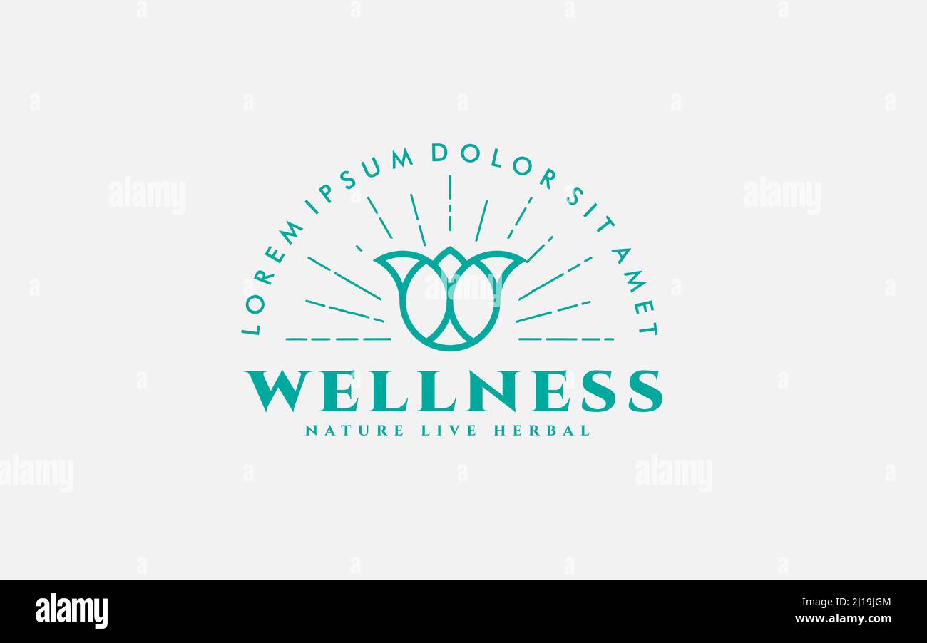Vintage Wellness Logo Design. Lotus Linie Kunst mit Sonnenstoß isoliert auf blauem Hintergrund. Verwendbar für Natur-, Kosmetik-, Gesundheits- und Beauty-Logos. Fla Stock Vektor