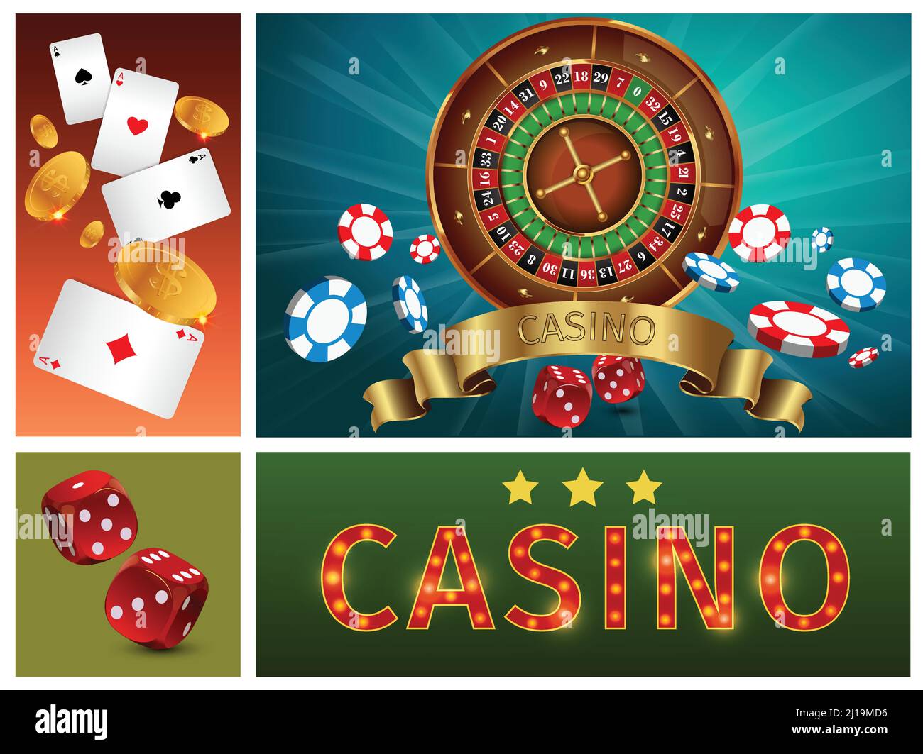 Realistische Casino helle Komposition mit Glücksspiel Roulette Poker Chips Karten Goldmünzen und Würfel Vektor-Illustration Stock Vektor