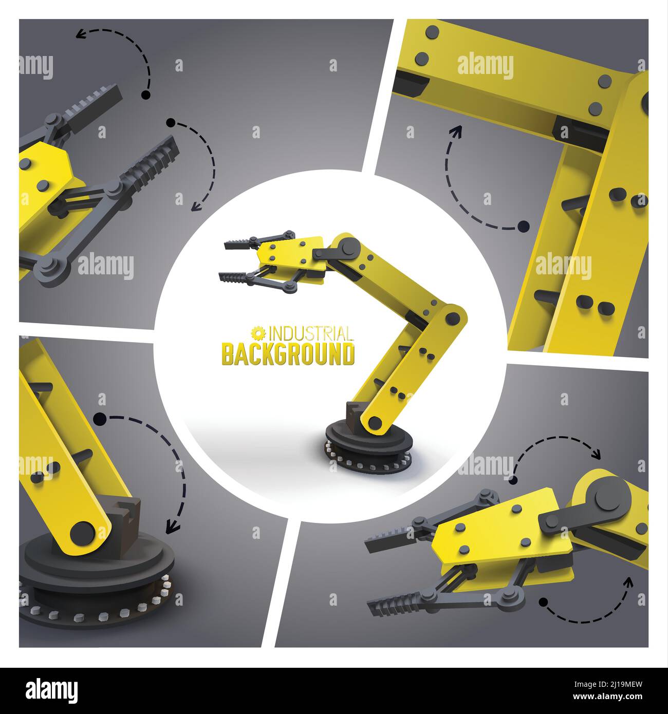 Realistische futuristische Industrie Zusammensetzung mit gelben mechanischen industriellen Roboterarmen Und Manipulatoren Vektordarstellung Stock Vektor