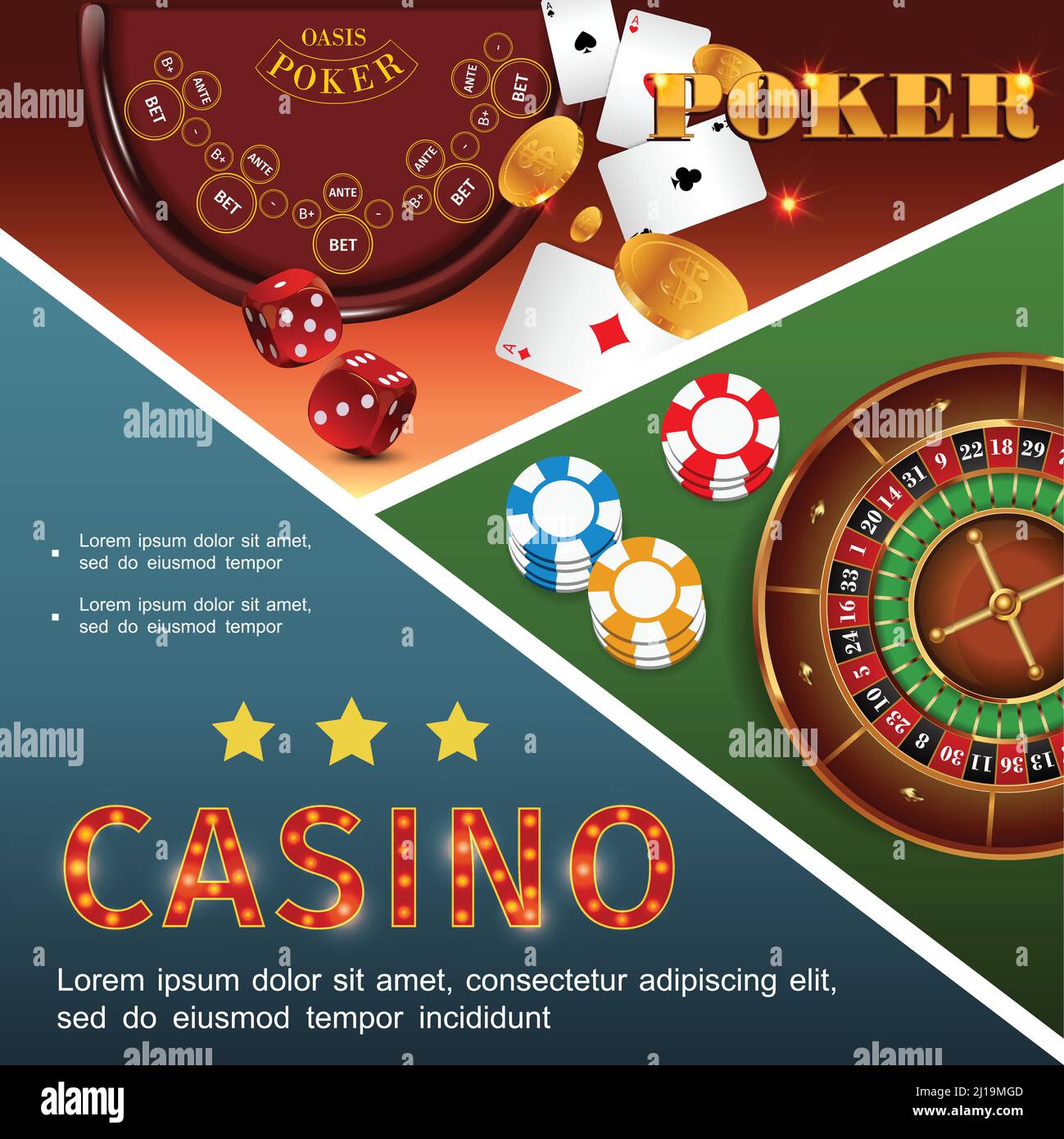 Realistisches Casino buntes Konzept mit Pokertisch Roulette Chips Würfel Spielkarten Gold Münzen Vektor Illustration Stock Vektor