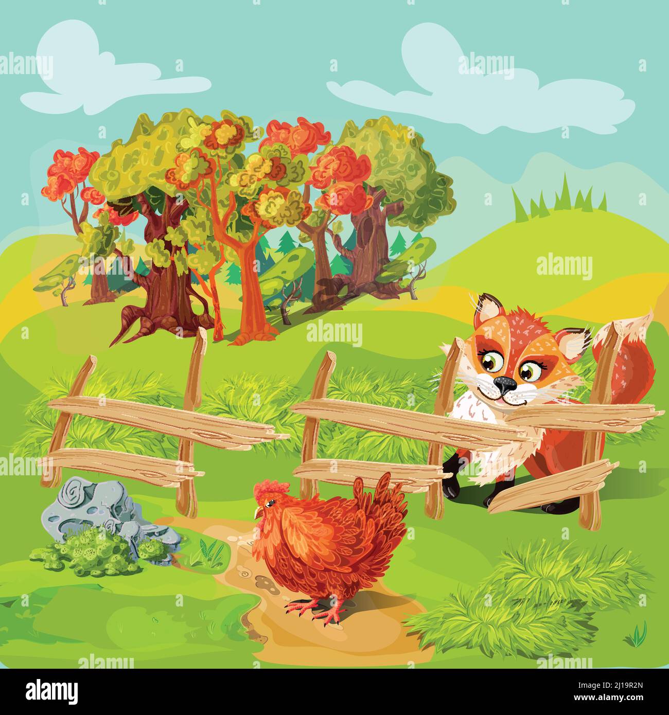 Cartoon Bauernhof Tiere Zusammensetzung mit Holz Landzaun der Farm Landschaft Huhn und Jagd Fuchs Vektor Illustration Stock Vektor