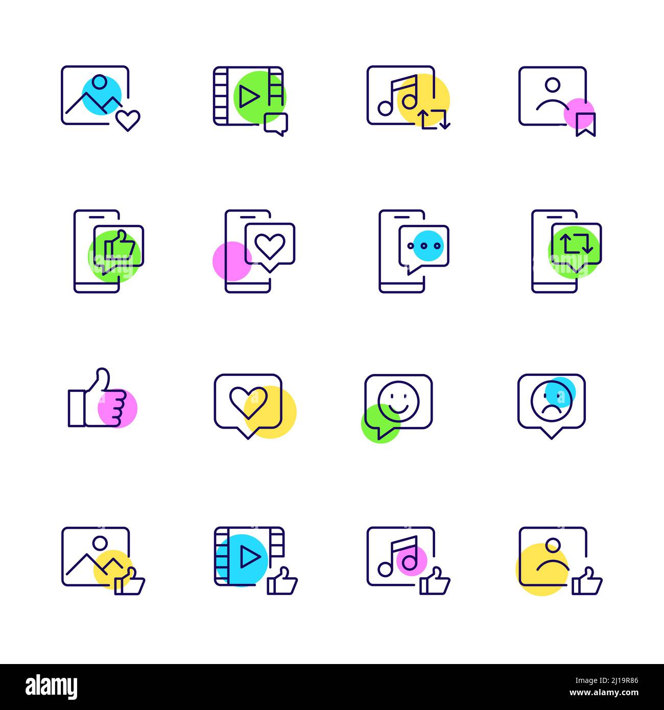 Symbole für die Interaktion mit sozialen Medien. „Gefällt mir“, „Daumen hoch“, „Speichern“, „Emoji“, „Posten“ und „Teilen“. Video, Foto, Benutzer. Pixelperfekte, bearbeitbare, lustige Farbsymbole mit Konturen Stock Vektor