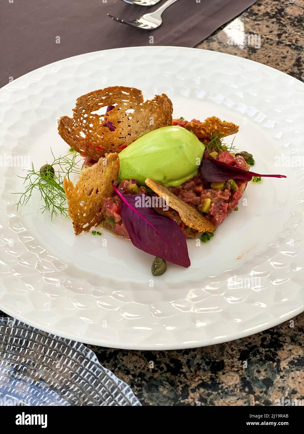 Avocado-Dip mit geröstetem Brot und Lachstartare Stockfoto