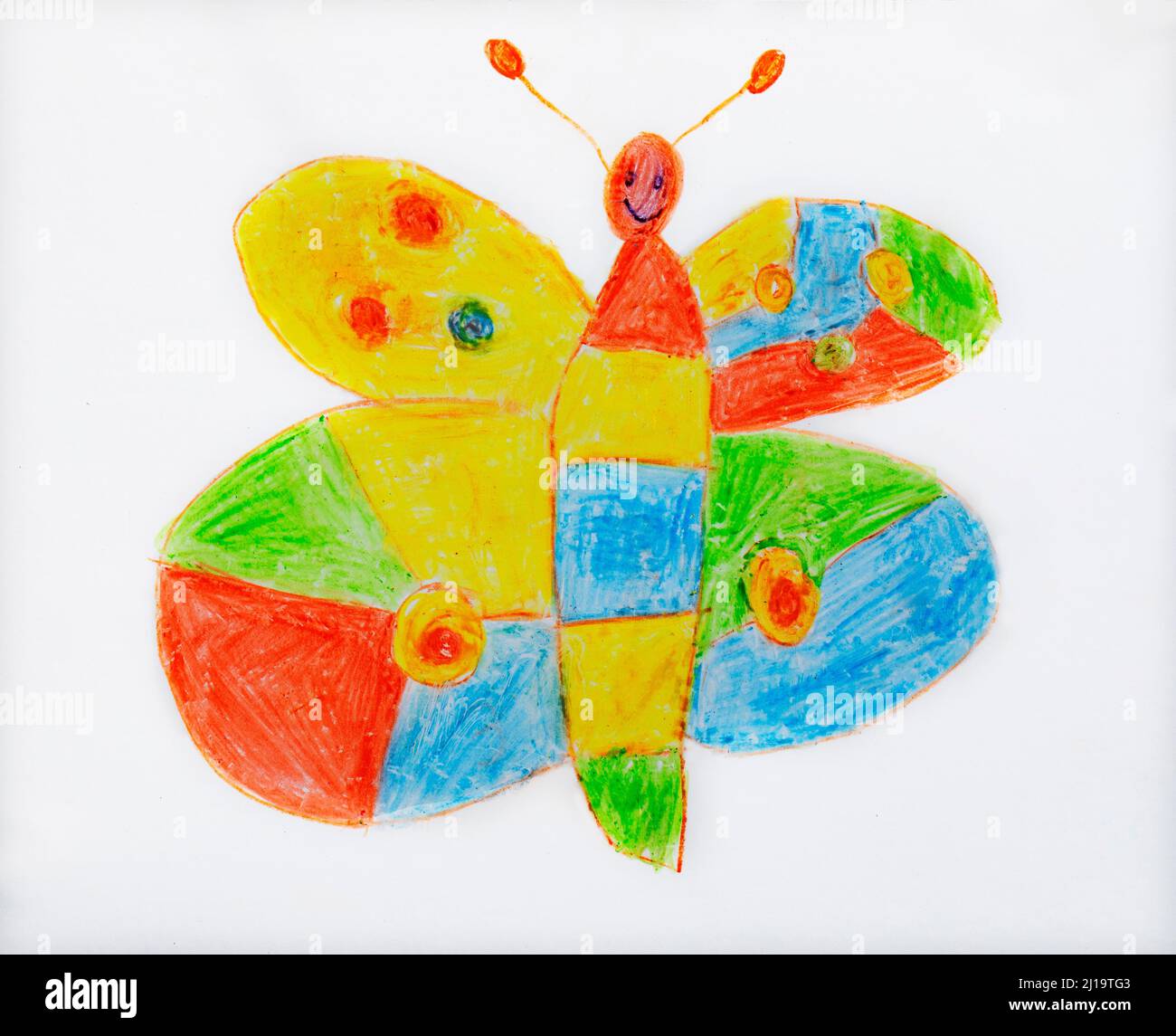 Illustration, Kinderzeichnung, bunter Schmetterling Stockfoto