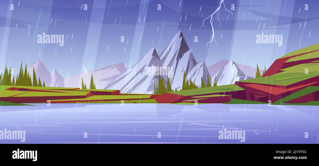 Regen und Blitze in der Berglandschaft mit Wasserteich, schneebedeckten Gipfeln, grünem Gras auf Felsen und Nadelbäumen. Cartoon Hintergrund mit Gewitter Wetter auf See, Szenenansicht Vektor-Illustration Stock Vektor