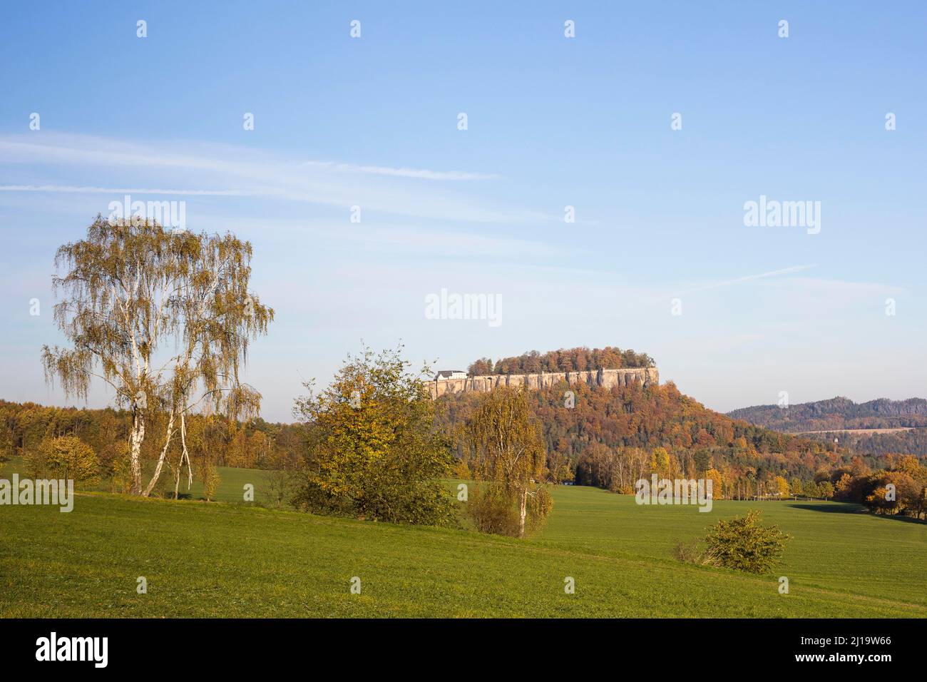 Festung Königstein, von Pfaffendorf aus gesehen, Herbst, Nationalpark Sächsische Schweiz, Sachsen, Deutschland Stockfoto