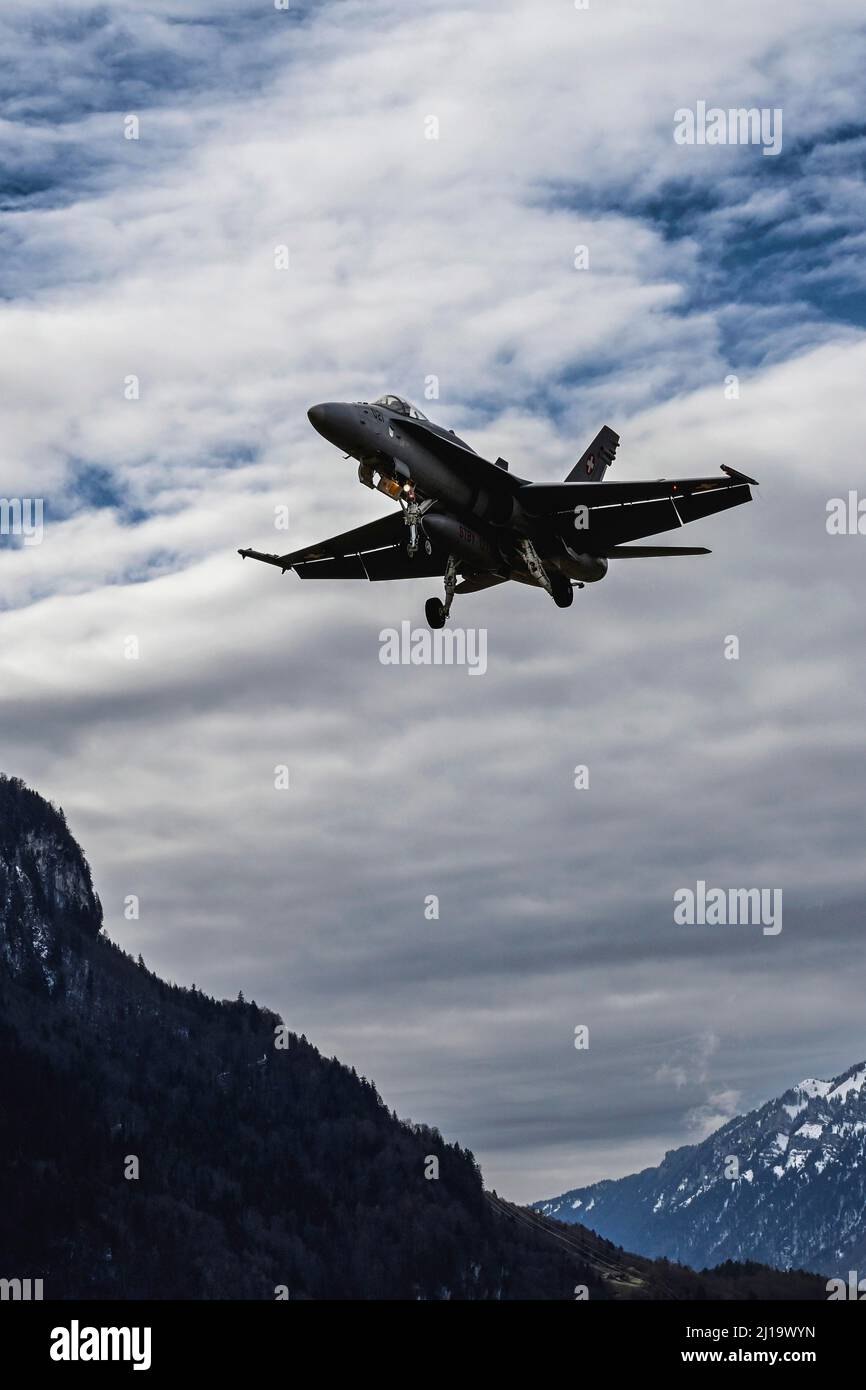 Jagdflugzeug Schweizer Luftwaffe, FA 18 C Hornet J-5021 Meiringen, Schweiz Stockfoto