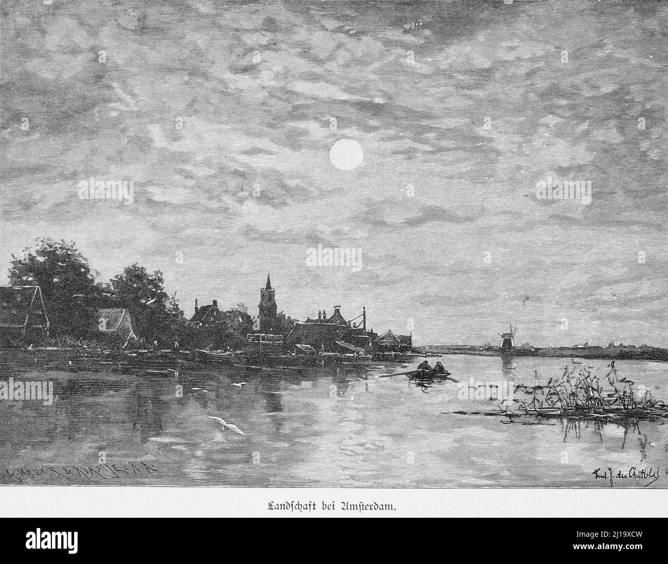 Landschaft, Amsterdam, Fluss, Gebäude, Kirche, Windmühle, Ruderboot, Ufer, wolkigen Himmel, Sonne, Ruhige Szene, Schilfportrait, historische Illustration aus Stockfoto