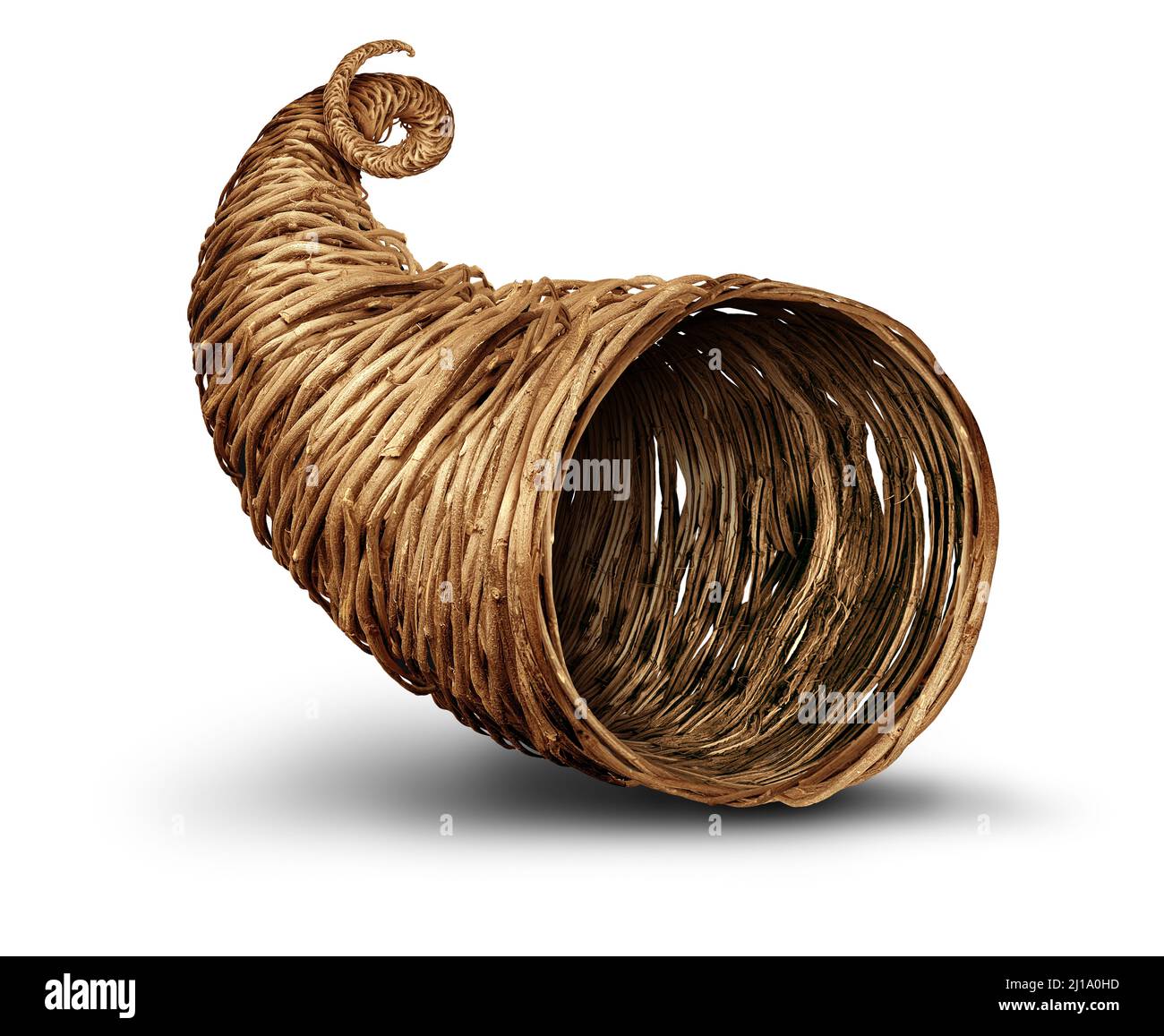 Cornucopia Horn Objekt auf weißem Hintergrund als leere rustikale traditionelle hohle Weide oder gewebt Korb. Stockfoto