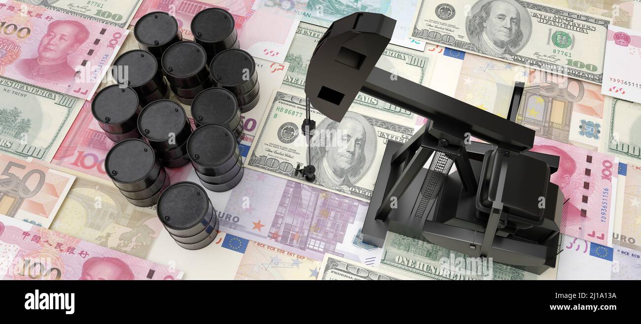 Öl- und Gasgeschäft, Energie- und Kraftstoffpreis. Pumpen Sie Jack Ölfässer auf verschiedenen Währungen Banknote Hintergrund. 3D Rendern Stockfoto
