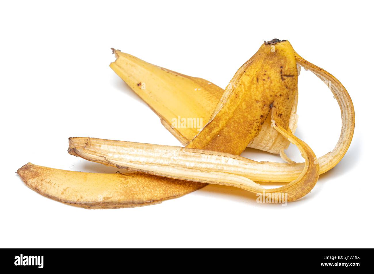 Bananenschale isoliert auf weißem Hintergrund. Stockfoto