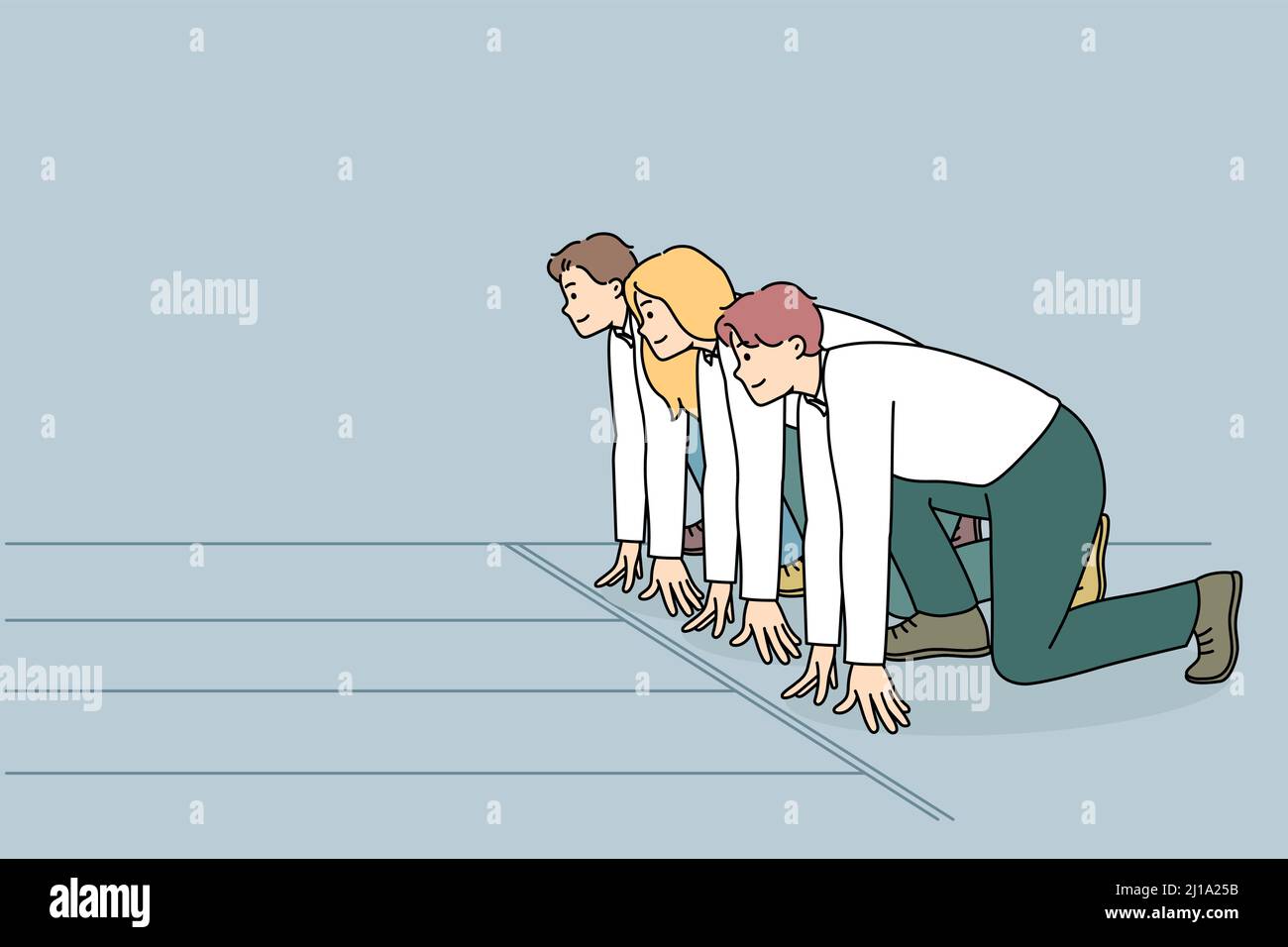Motivierte Geschäftsleute stehen bereit für den Sprint. Selbstbewusste Mitarbeiter oder Angestellte konkurrieren um eine bessere Position. Rivalität oder Konkurrenz am Arbeitsplatz. Flache Vektorgrafik. Stock Vektor