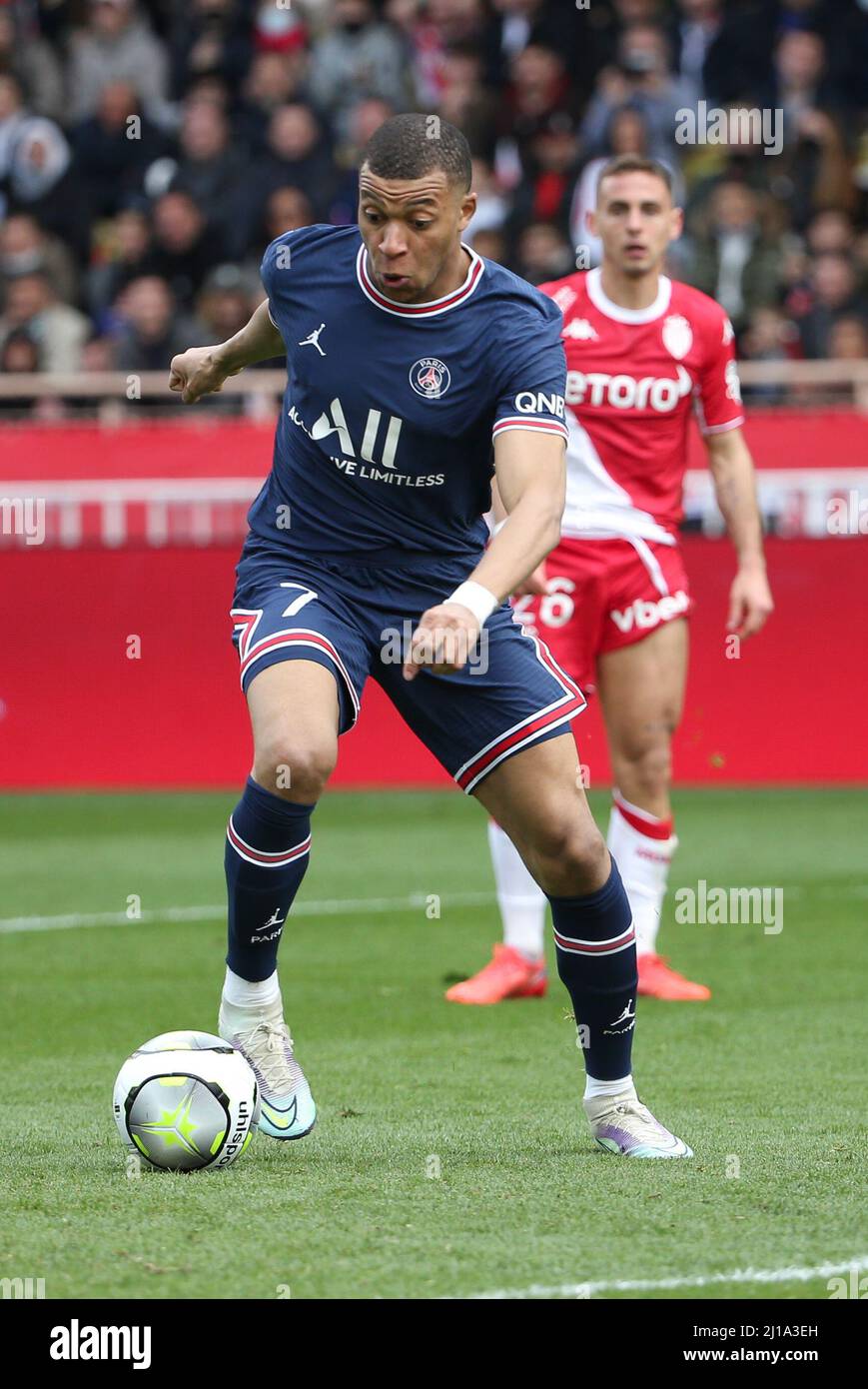 Kylian Mbappe von PSG während des Fußballspiels der französischen Ligue 1 zwischen AS Monaco (ASM) und Paris Saint-Germain (PSG) am 20. März 2022 im Stade Louis II in Monaco - Foto Jean Catuffe / DPPI Stockfoto