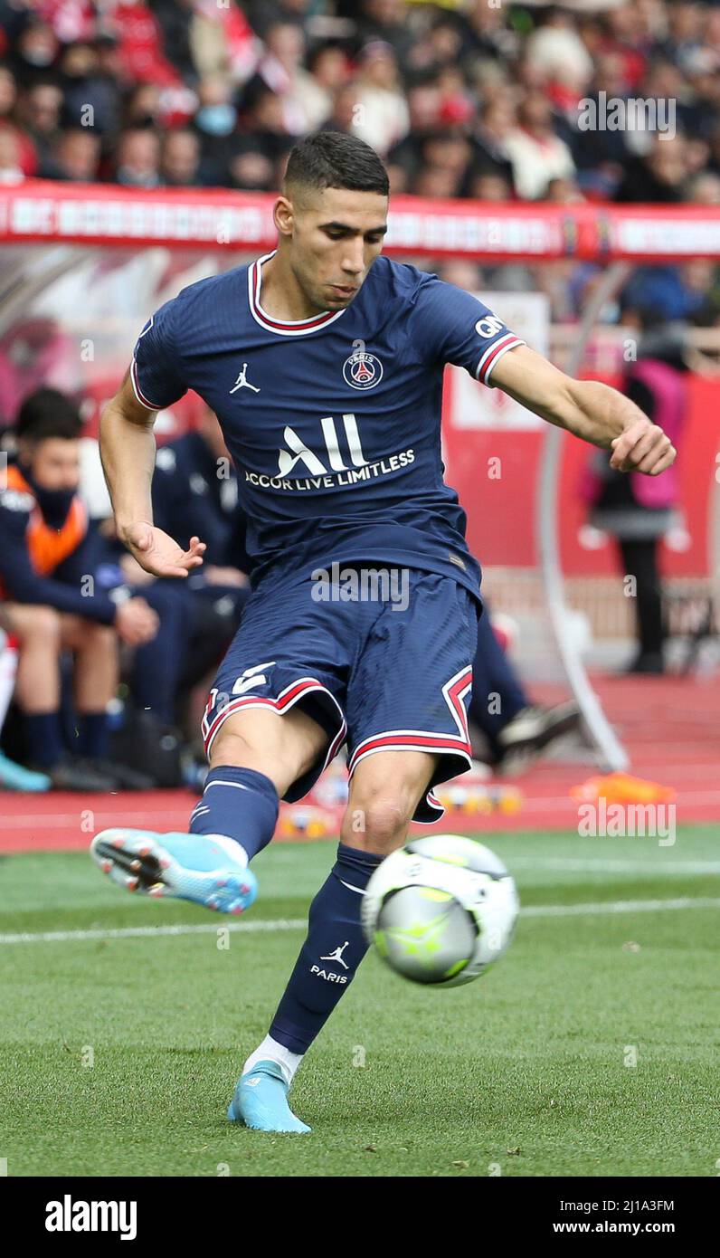 Achraf Hakimi von PSG während des Fußballspiels der französischen Ligue 1 zwischen AS Monaco (ASM) und Paris Saint-Germain (PSG) am 20. März 2022 im Stade Louis II in Monaco - Foto Jean Catuffe / DPPI Stockfoto