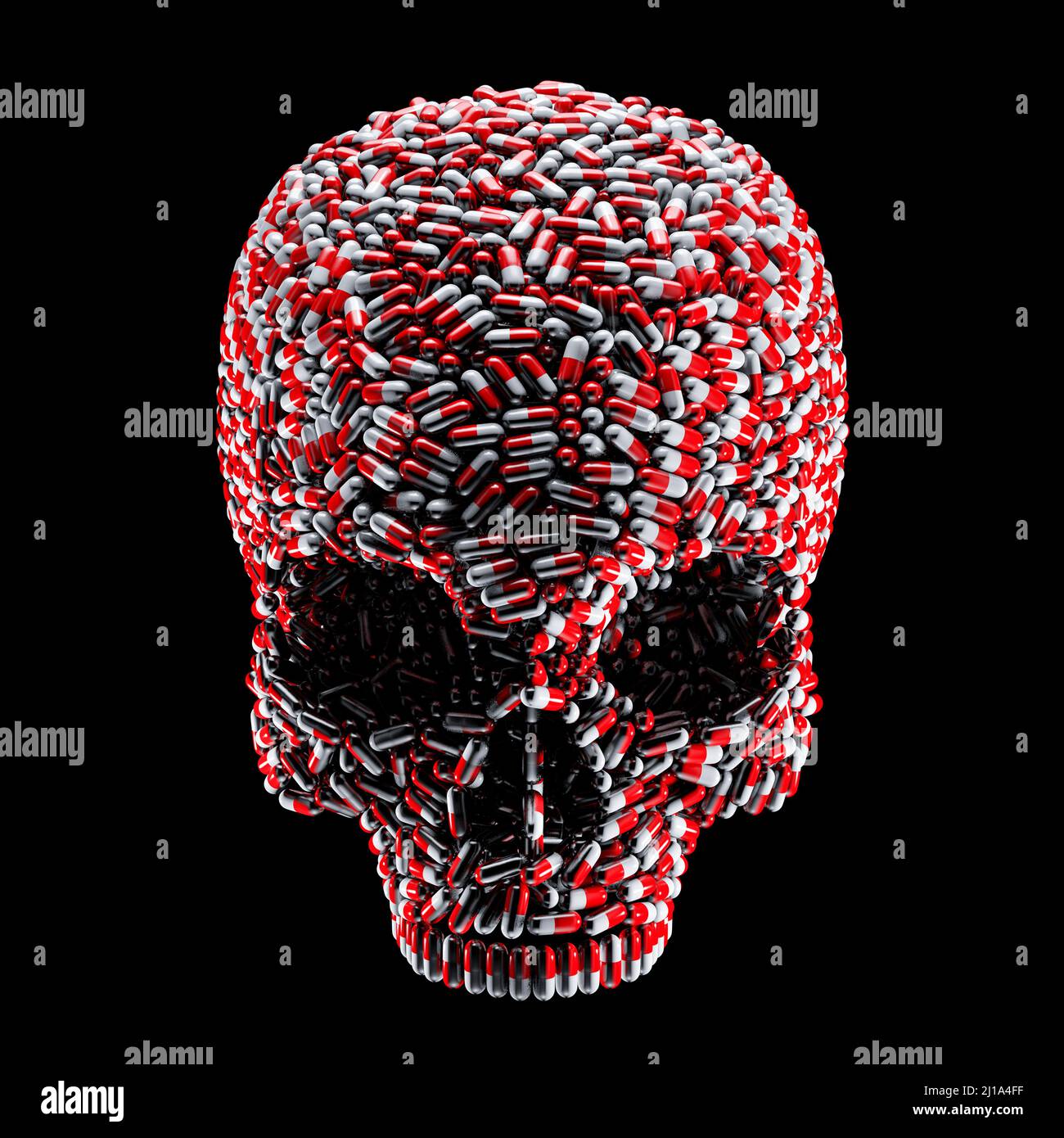 Medizinische Kapsel Überdosis Metapher - 3D Illustration von Medizin Kapseln bilden menschlichen Schädel isoliert auf schwarz Stockfoto