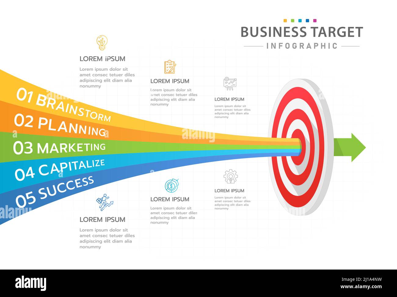 Infografik-Vorlage für Unternehmen. 5 Schritte modernes Zieldiagramm mit Pfeilen, Präsentationsvektor-Infografik. Stock Vektor