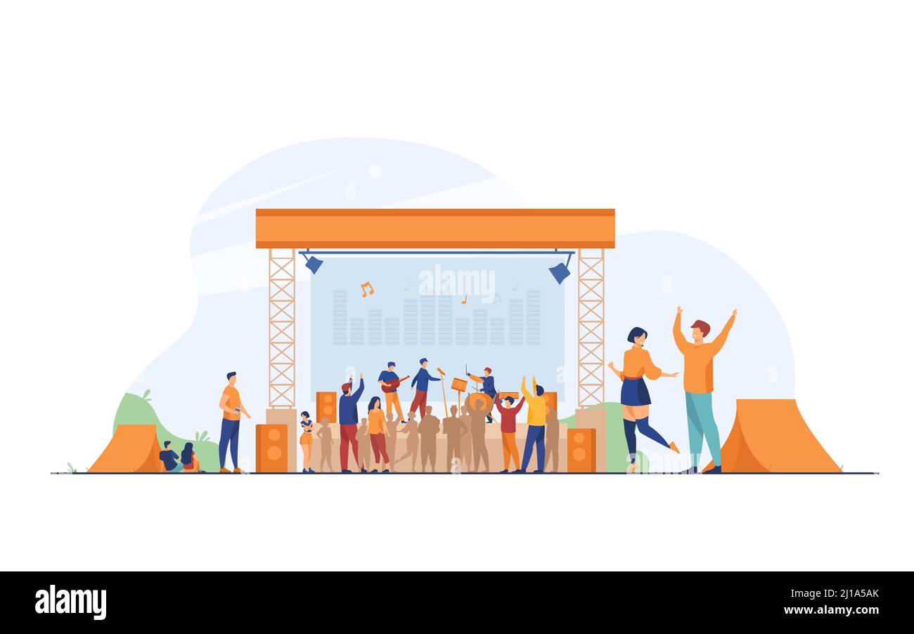 Glückliche Leute, die Spaß an Rock Konzert flache Vektor-Illustration. Open Festival an frischer Luft. Musiker spielen Musik im Park. Lifestyle, Musik und en Stock Vektor