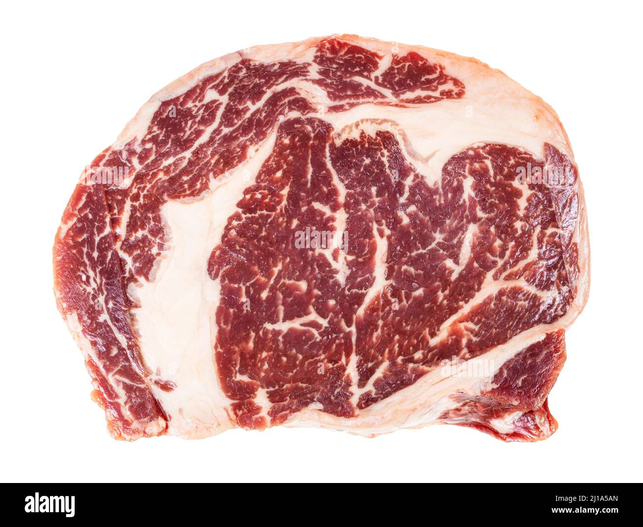 Blick von oben auf das unbekochte Ribeye-Steak vom Aberdeen Angus-Stier, isoliert auf weißem Hintergrund Stockfoto