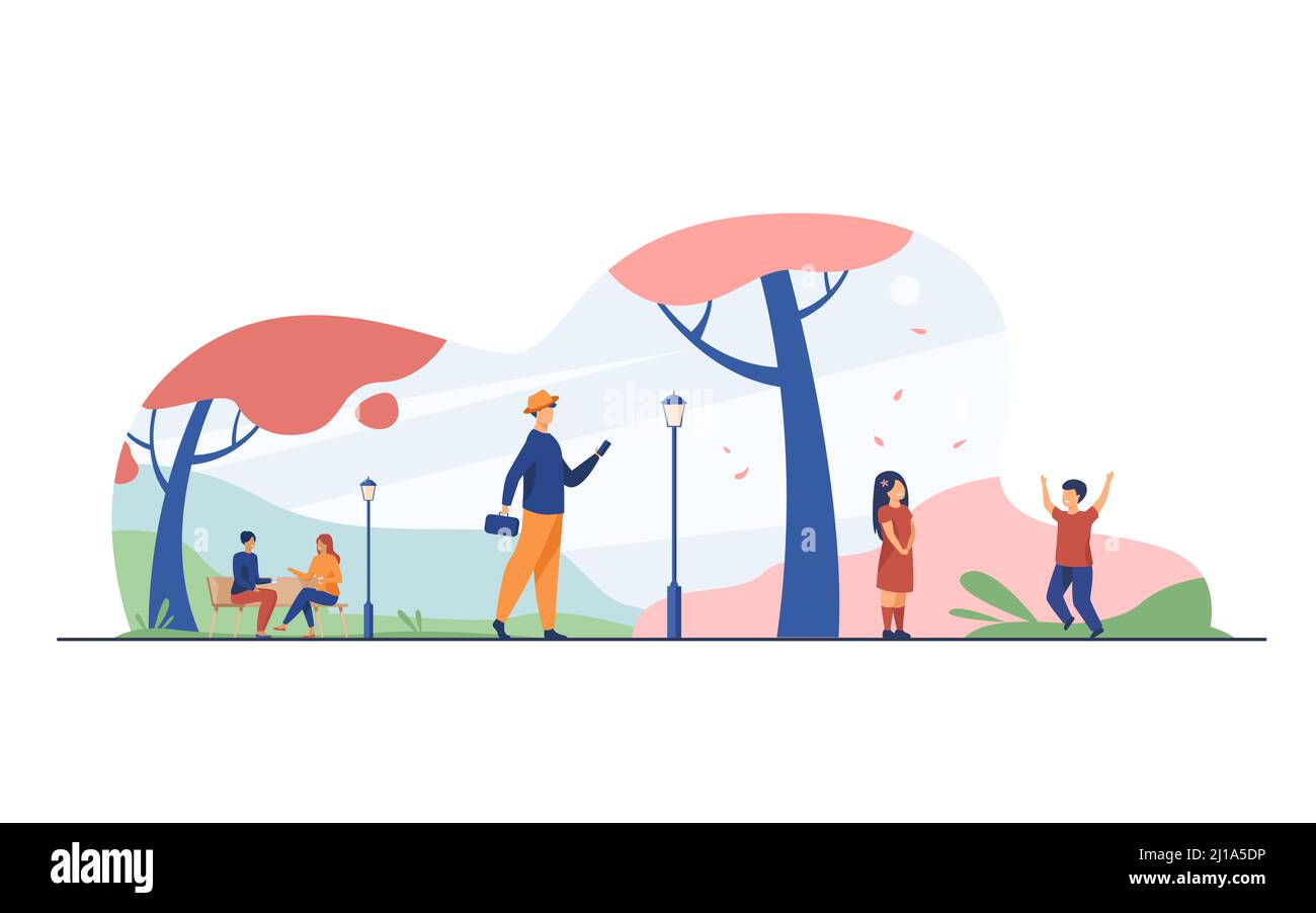 Menschen genießen Kirschbaumblüte Saison im Park. Kinder und Erwachsene wandern an entzückenden Sakura-Bäumen mit rosa Blüten. Vektorgrafik für Stock Vektor