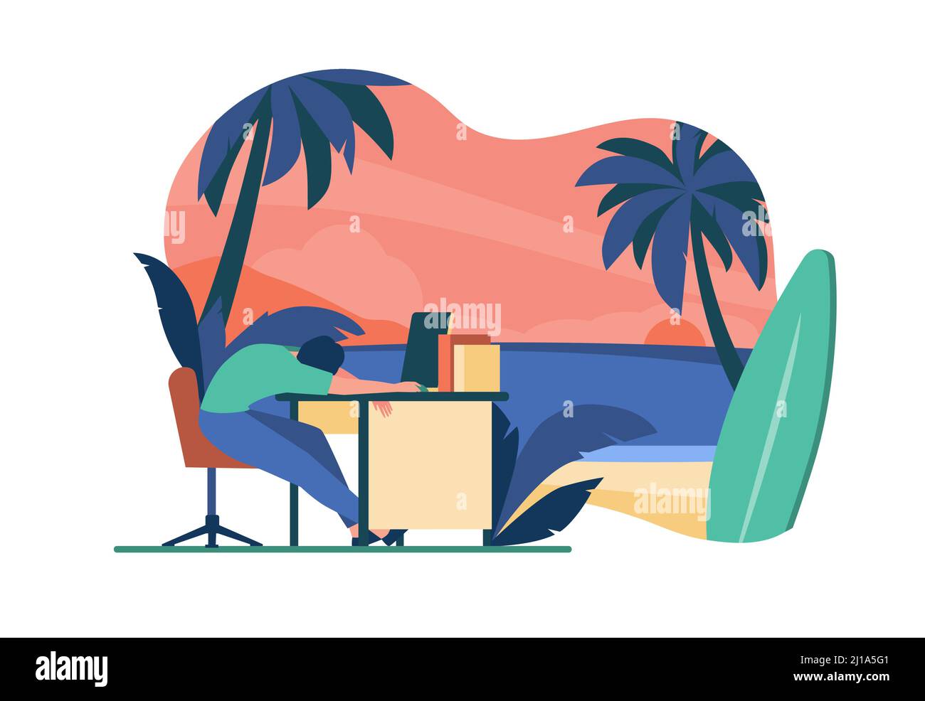 Müder Büroangestellter schläft am Arbeitsplatz und träumt vom Meeresstrand mit Surfbrett. Vektor-Illustration für Burnout, Urlaub, Reise, Urlaub con Stock Vektor
