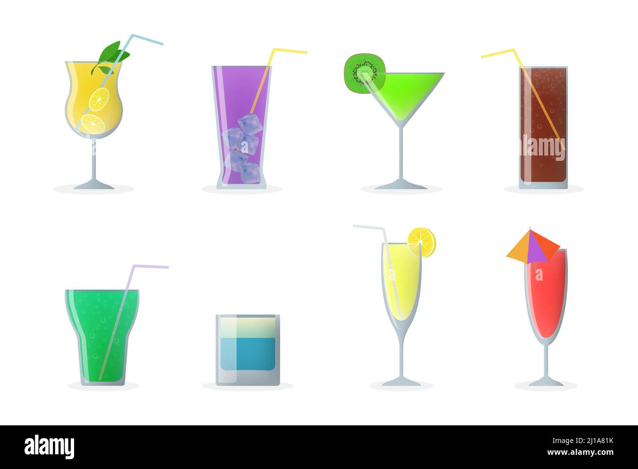 Cocktailgläser-Set. Bunte kalte Getränke mit Strohhalmen, Wermut, Mojito, Gin. Vektor-Illustration für Sommerfest, Bar, alkoholische Getränke Konzept Stock Vektor