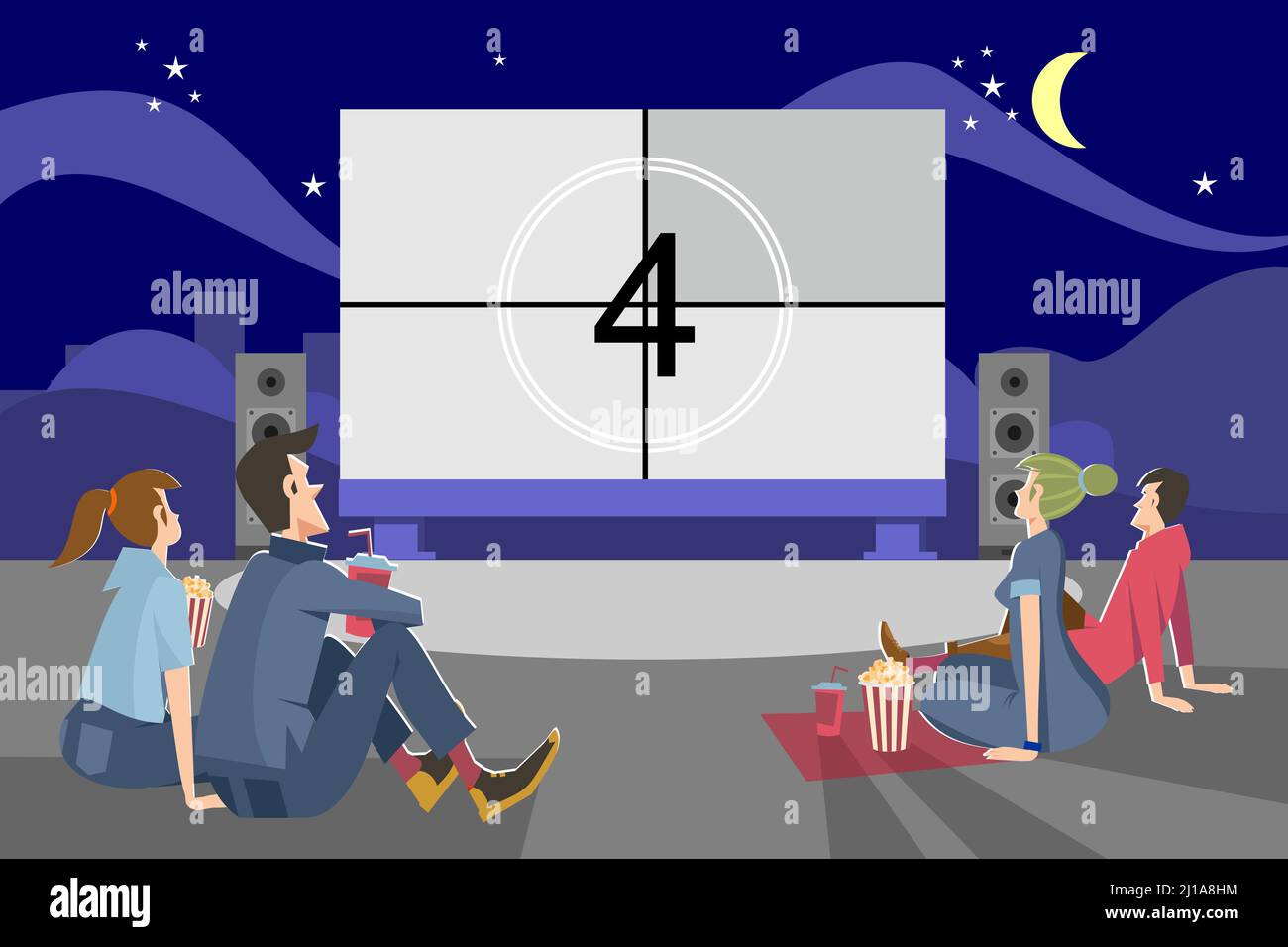 Leute, die abends Filme im Freien anschauen. Paare, die sich im Freiluftkino mit großer Leinwand verabreden. Vektorgrafik für Nacht, Wochenende Stock Vektor