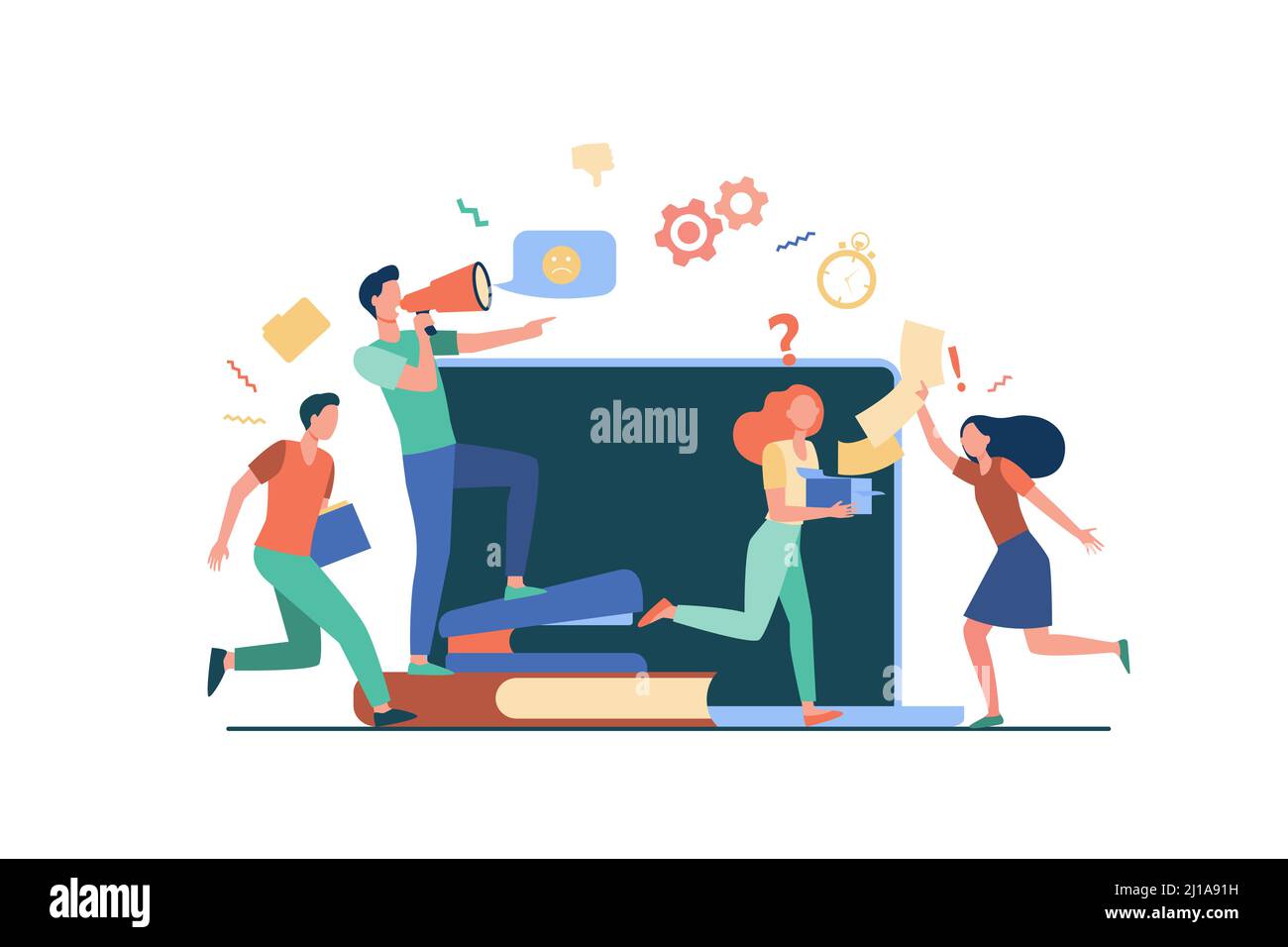 Wütender Chef mit Megaphon, das Mitarbeiter anruft, weil die Frist nicht eingehalten wurde. Büroangestellte laufen in Chaos, Panik und Eile. Vektorgrafik für Überwund Stock Vektor