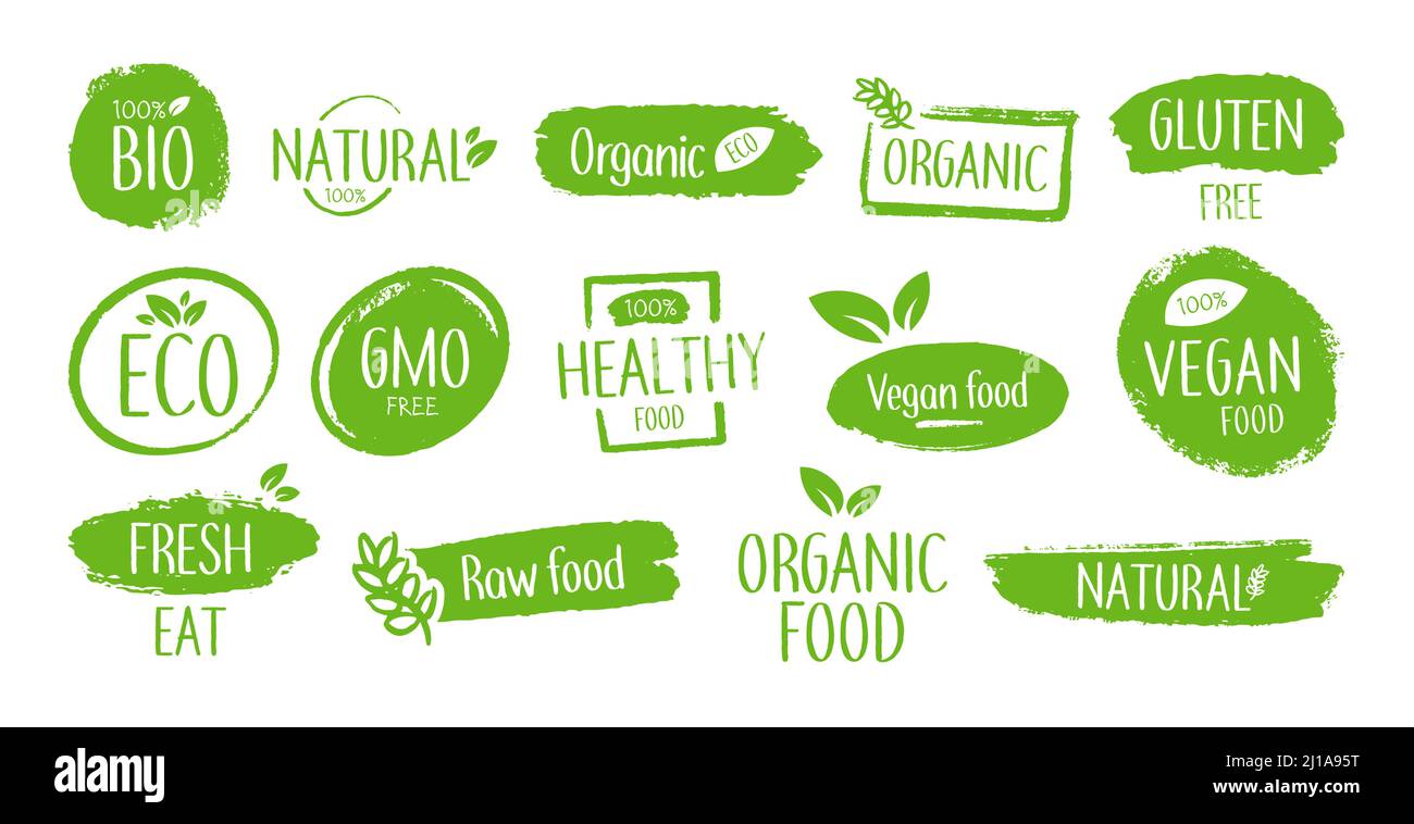 Natürliche Bio-Lebensmittel Marken Sticker set Stock-Vektorgrafik