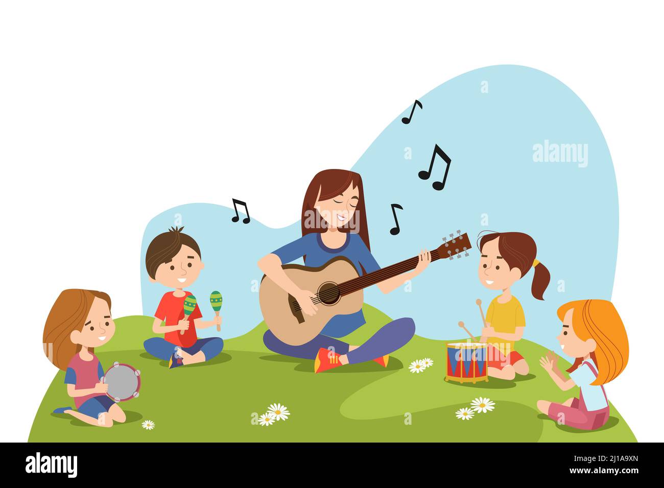 Kinder und Lehrer sitzen auf Gras und spielen gemeinsam Musikinstrumente. Kinder genießen Musikunterricht im Freien. Kita-Aktivitäten und musikalische educ Stock Vektor