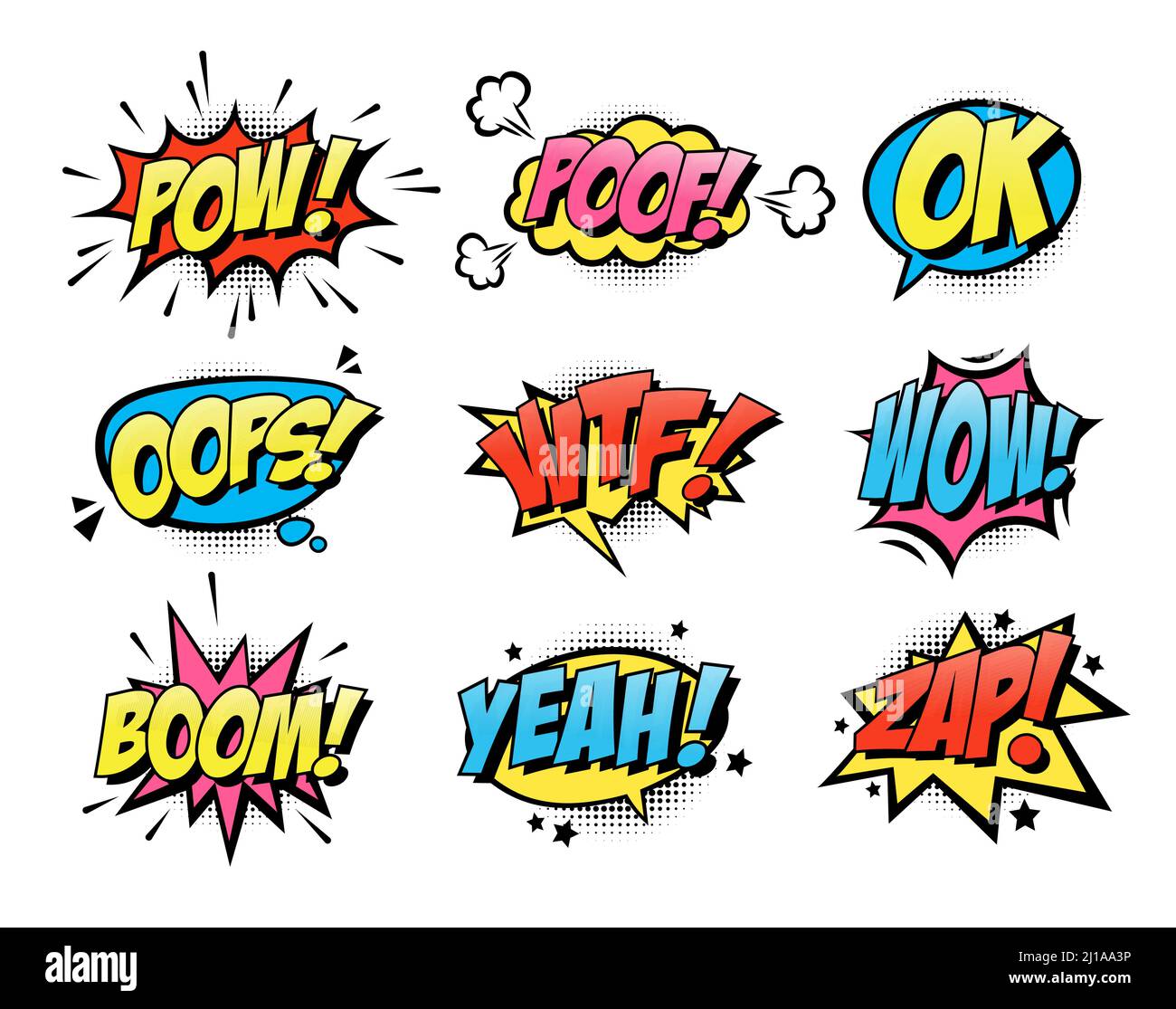 Comic Burst Text Luftballons flache Icon-Sammlung. Cartoon zerschlagen und Überraschung Rede Blasen Vektor Illustration Set. Ausdruck und retro Wort Effekt Co Stock Vektor