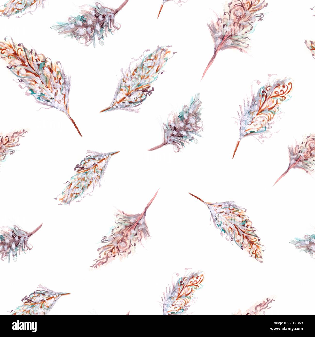 Nahtloses Muster mit pastellfarbenen, handbemalten Vogelfedern Stockfoto