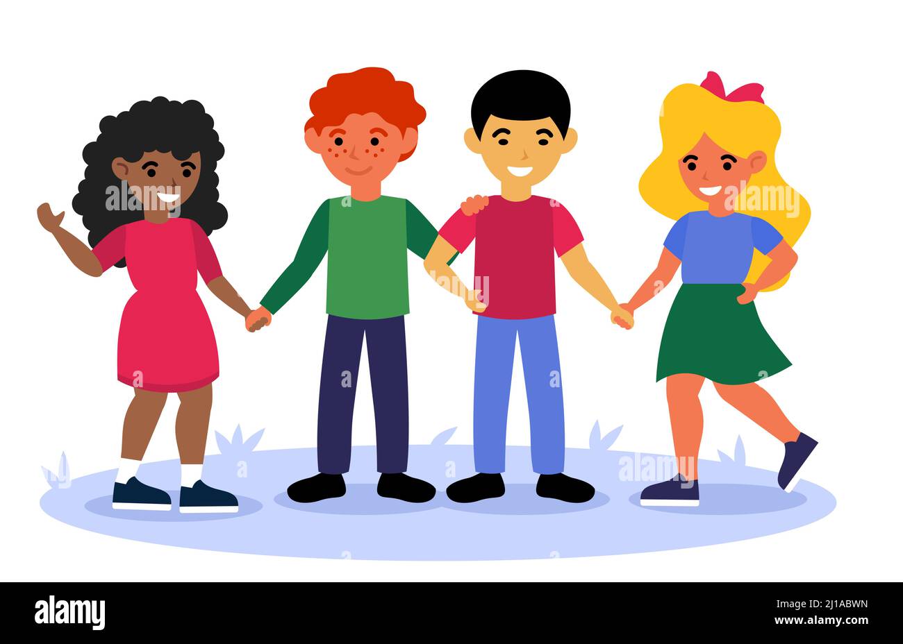 Multikulturelle Kinder stehen zusammen und halten Hände flach Vektor-Illustration. Cartoon lächelnd verschiedene Klassenkameraden aus der internationalen Schule grou Stock Vektor
