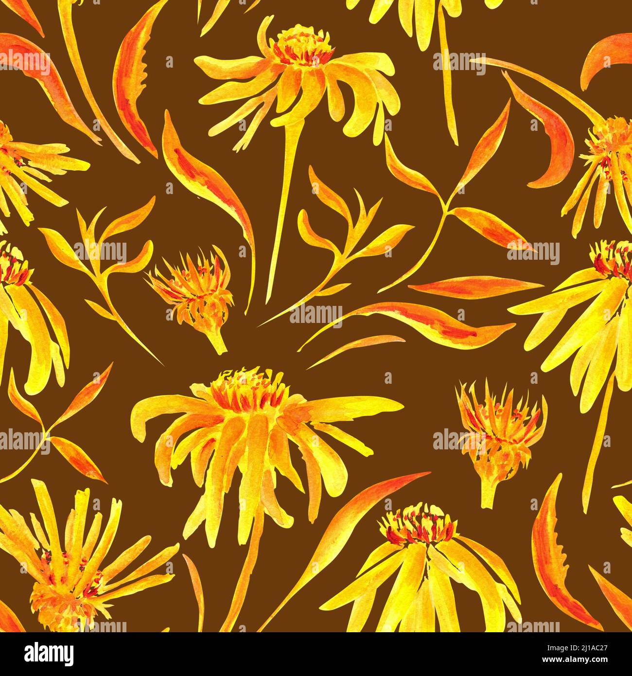 Hintergrund mit gelben und orangefarbenen Blüten und Blätter für design Stockfoto