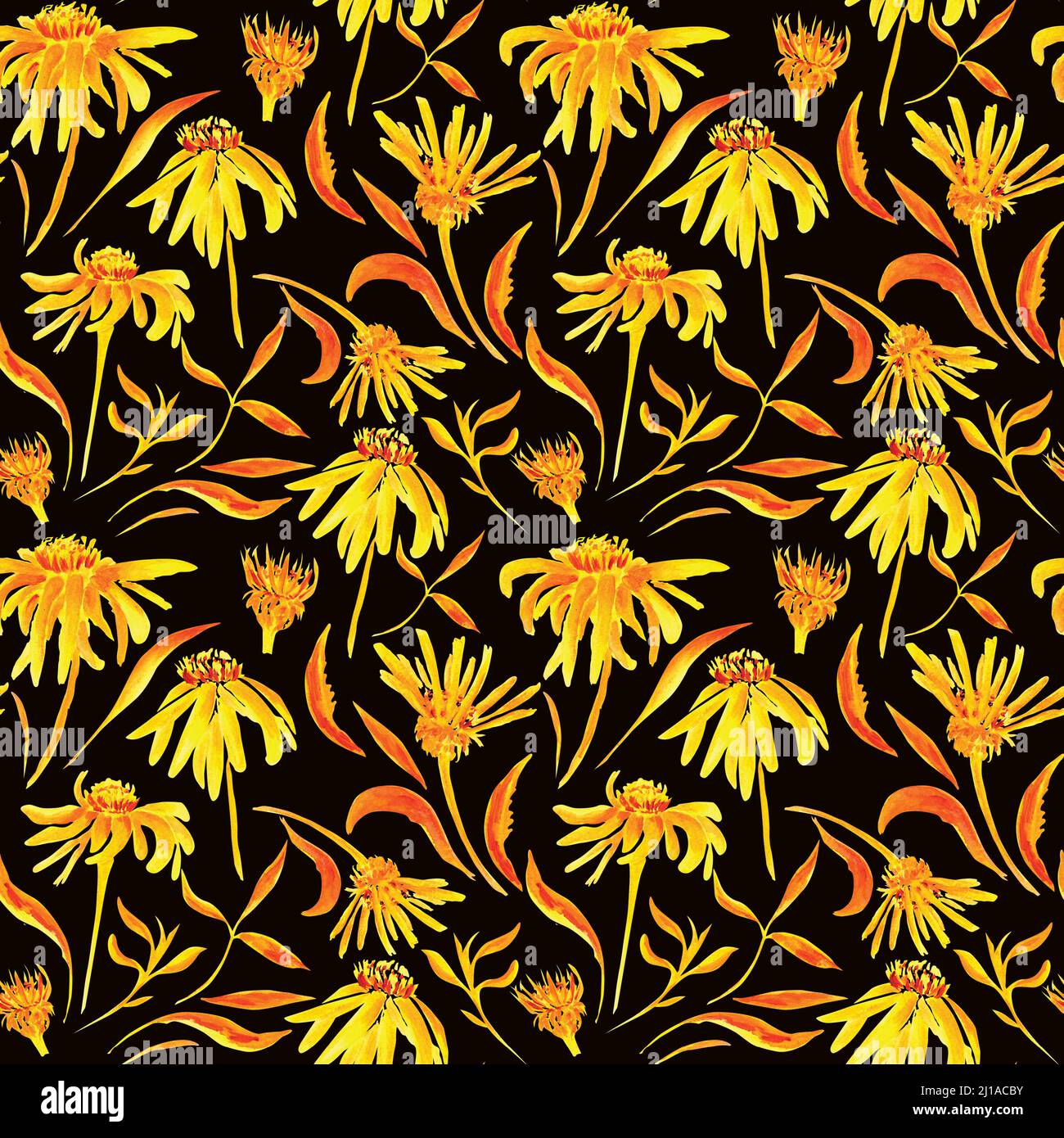 Hintergrund mit gelben und orangefarbenen Blüten und Blätter für design Stockfoto