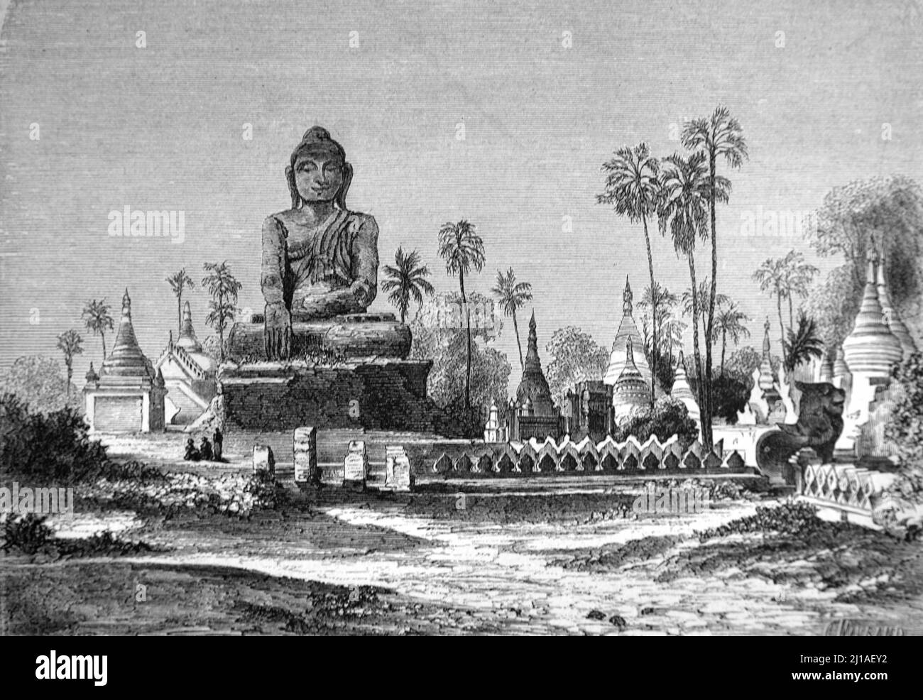 Riesiger Buddha der Kuthodaw Pagod Amarapura Mandalay Burma oder Myanmar. Illustration oder Gravur 1860. Stockfoto