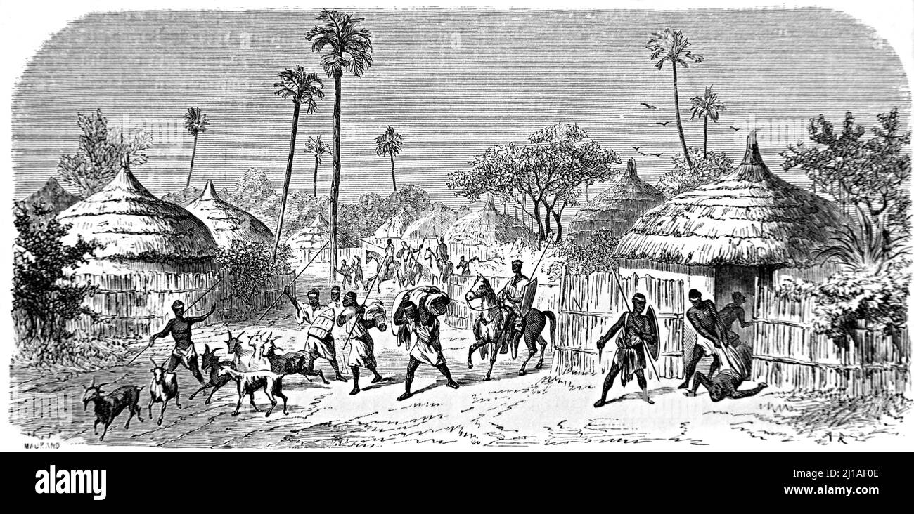 Stammes-Überfall im Dorf Barea, Mosgou oder Mosgu, Niger Afrika. Vintage Illustration oder Gravur 1860. Vintage Illustration oder Gravur 1860. Stockfoto