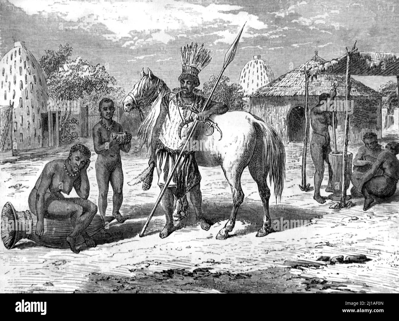 Mosgovien Stammesführer in einem Dorf in Niger Afrika. Vintage Illustration oder Gravur 1860. Stockfoto