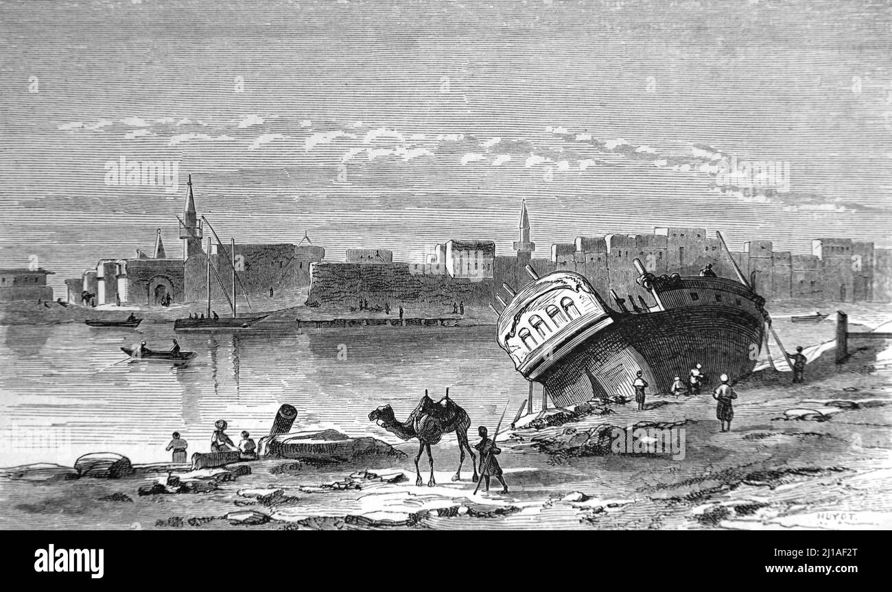 Historische Ansicht oder frühe Ansicht des Hafens oder des Hafens von Suez (vor dem Bau des Suezkanals) Ägypten. Illustration oder Gravur 1860.. Stockfoto