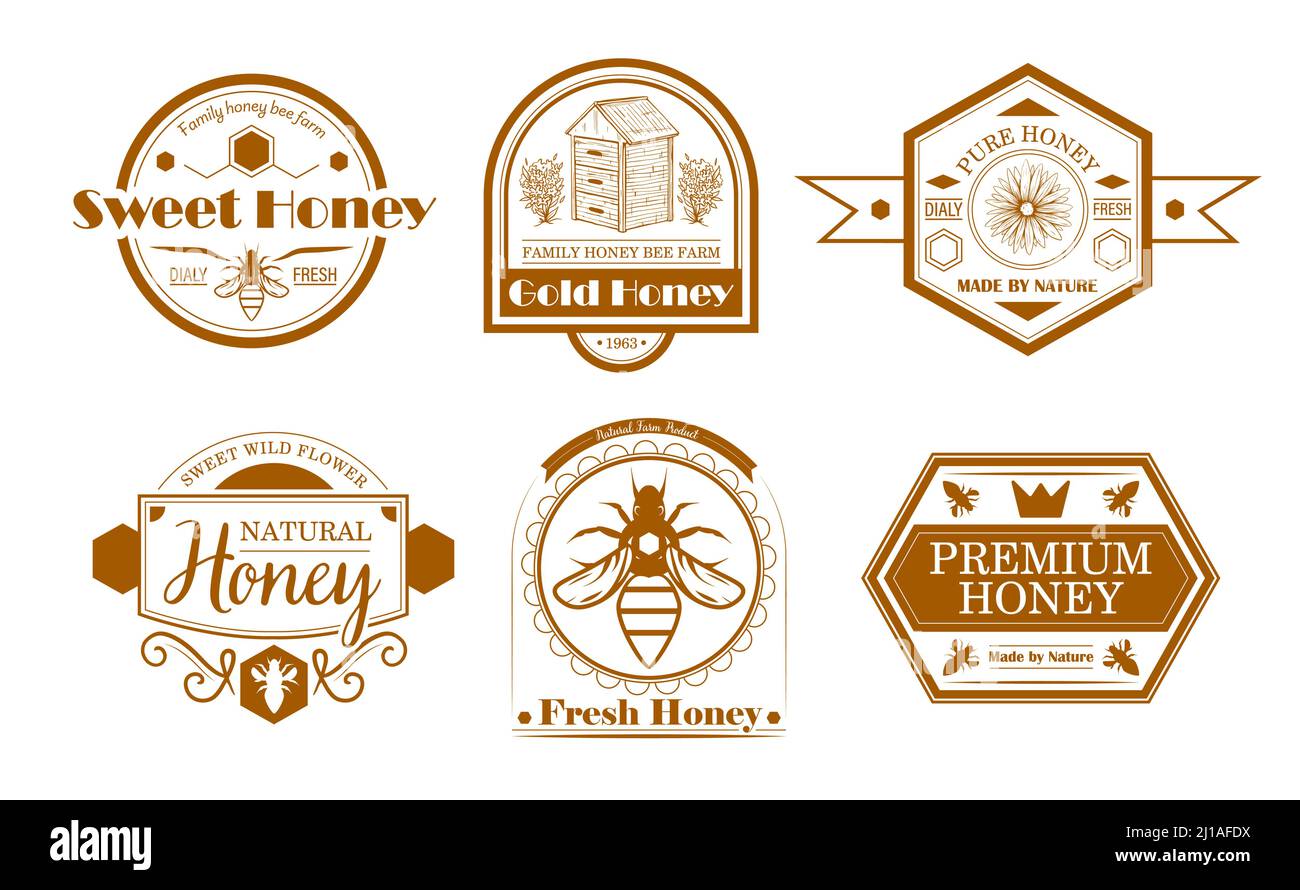 Bienenfarm Etiketten Set. Honigproduktion monochrome Logos, Schild, mit Schriftzügen. Flache Vektor-Illustration für natürlichen Honig, Landwirtschaft, Bienenzucht Konzept Stock Vektor