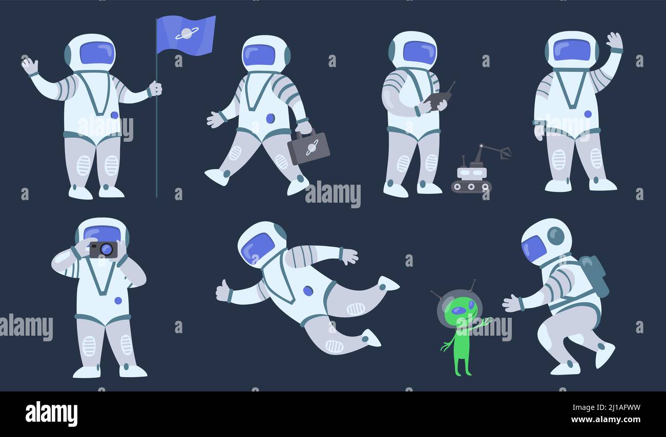 Cartoon Spaceman flach Icon-Set. Weltraumforscher, Kosmonaut oder Astronaut im Raumanzug Fliegen und Gehen isolierte Vektor-Illustration Sammlung. Galaxy Stock Vektor