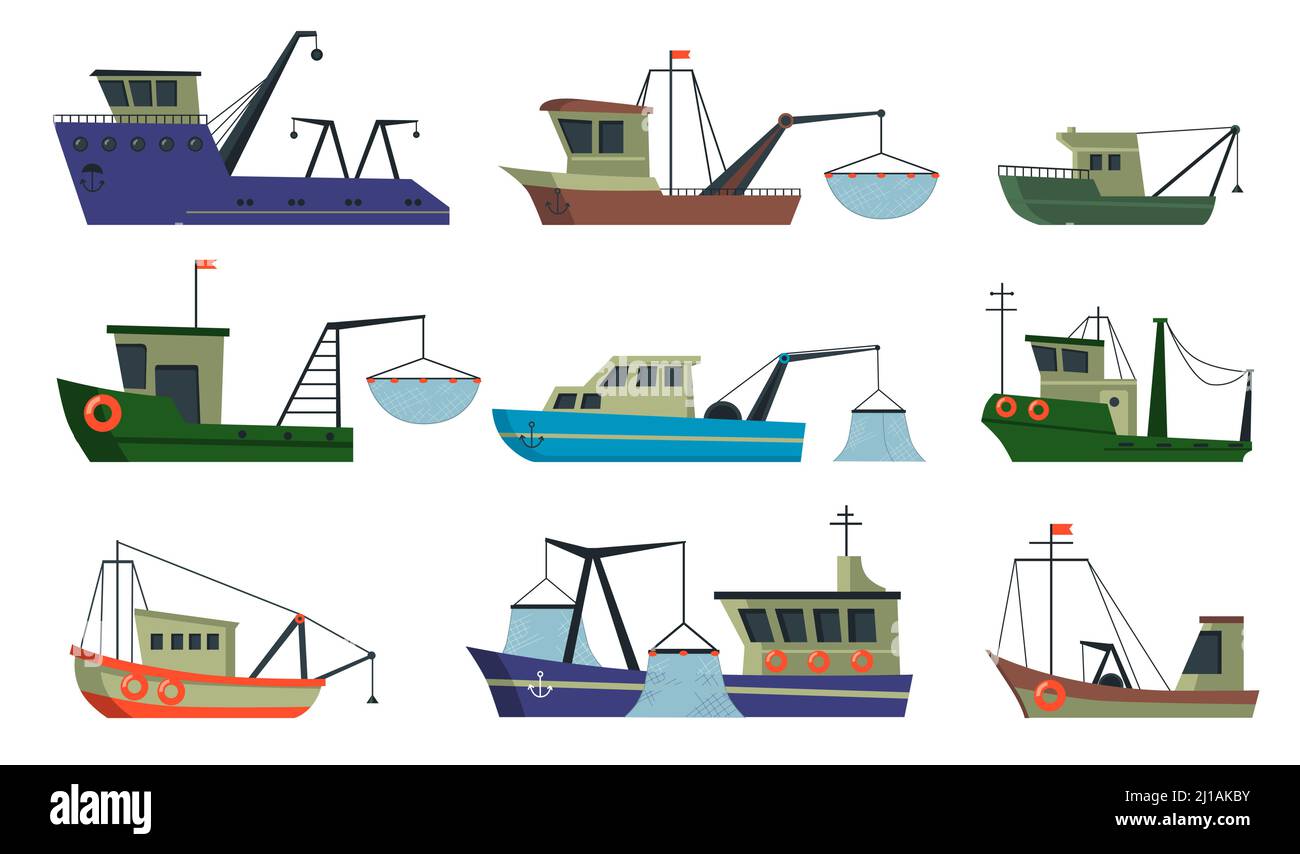 Fischerboote und Trawler eingestellt. Schiffe im Meer mit Kran zum Heben von Netz mit Fisch. Vektorgrafik für gewerbliche Fischerei, Lebensmittelindustrie, Transportmittel Stock Vektor