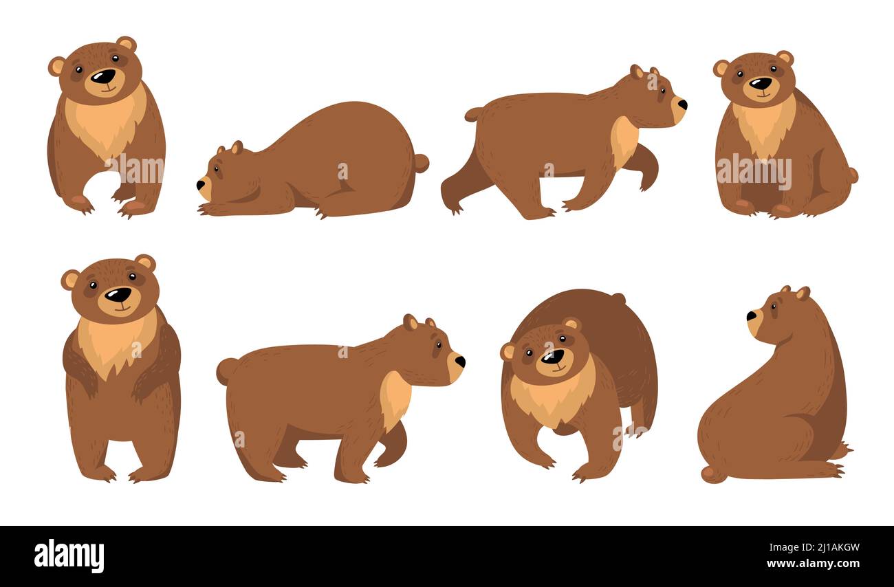 Lustige Grizzlybären flache Icon-Set. Cartoon niedlichen Braunbär stehend, sitzend, Wandern isoliert Vektor-Illustration Sammlung. Tierwelt und Tiere Co Stock Vektor