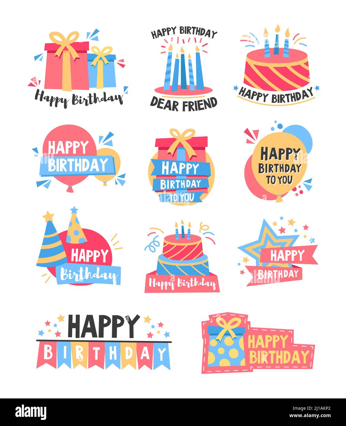 Happy Birthday bunte Abzeichen Set. Rosa und blaue Kuchen mit Kerzen, Geschenkschachteln, Feier Hüte mit Text. Kann für Logo, Grußkarten, fe verwendet werden Stock Vektor