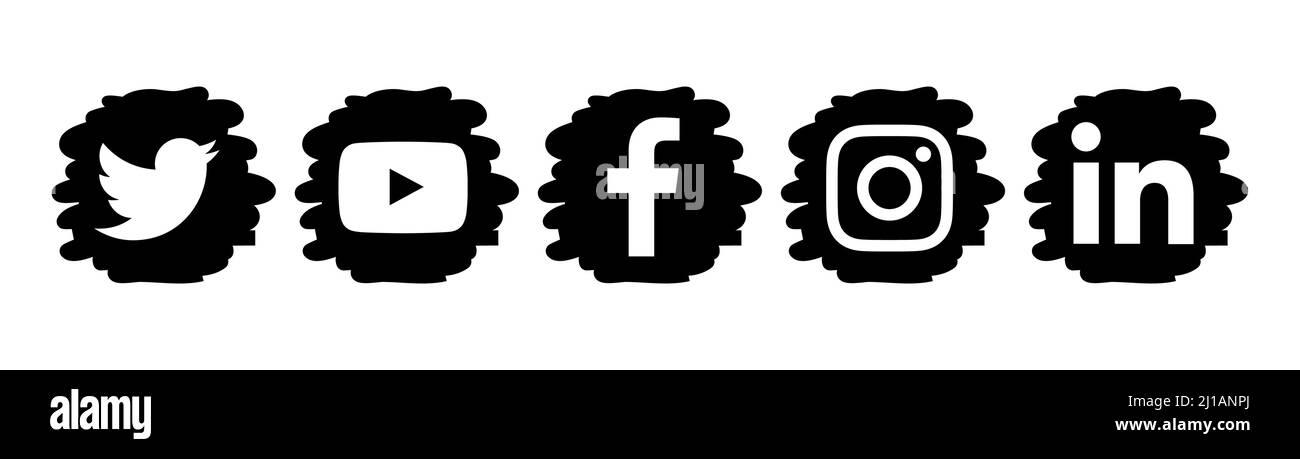 Kiew, Ukraine - 16. Juli 2021: Set von beliebten Social-Media- und Mobile-Apps-Symbolen in schwarzen Marker-Design-Spots: Facebook, Twitter, Instagram, LinkedIn Stock Vektor