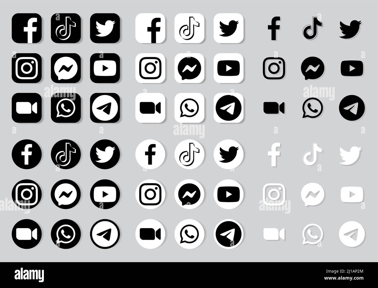 Kiew, Ukraine - 03. Juli 2021: Set von schwarz-weißen Social Media und Mobile Apps Icons und Logos, in verschiedenen Formen: Facebook, Twitter, Instagram, Stock Vektor