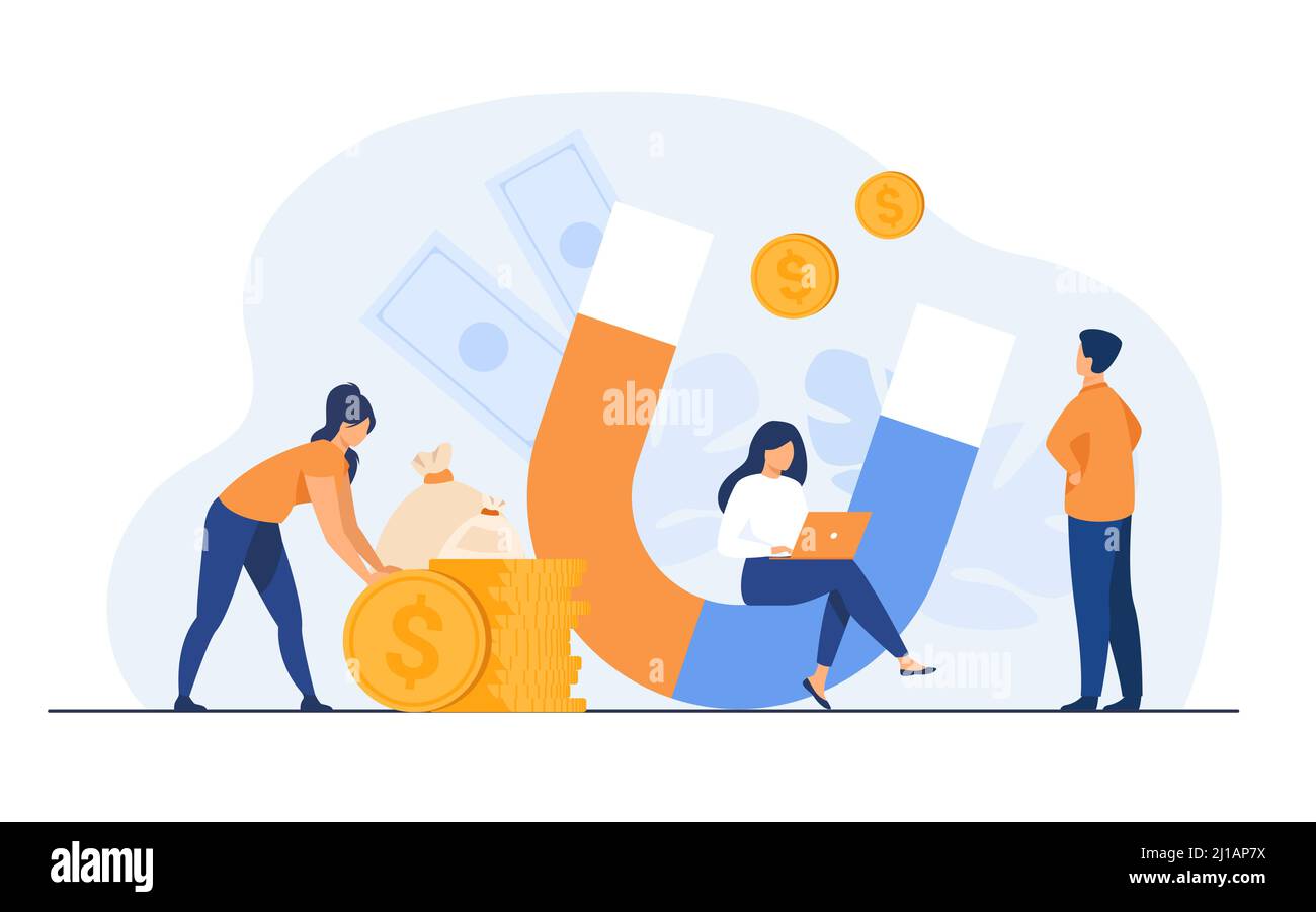 Einkommen und Geldattraktion. Menschen mit Magnet bekommen Bargeld. Vektor-Illustration für schnelle Darlehen, Einkommen, Investitionen, Gewinn, Finanzen, Erfolgskonzept Stock Vektor