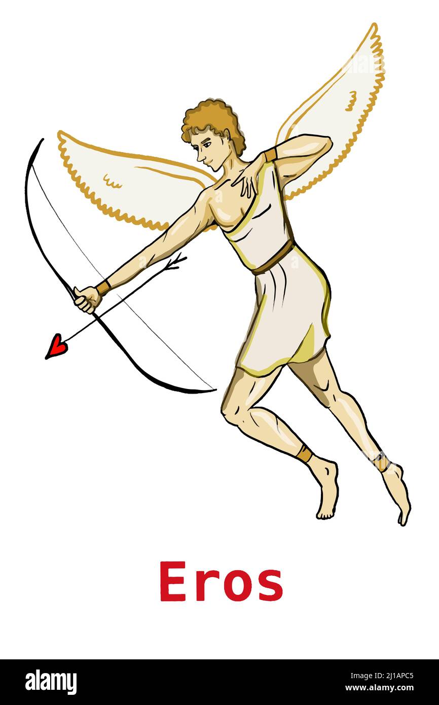 Griechische Mythologie Götter, Eros, Illustration, weißer Hintergrund, Linienzeichnung. Stockfoto